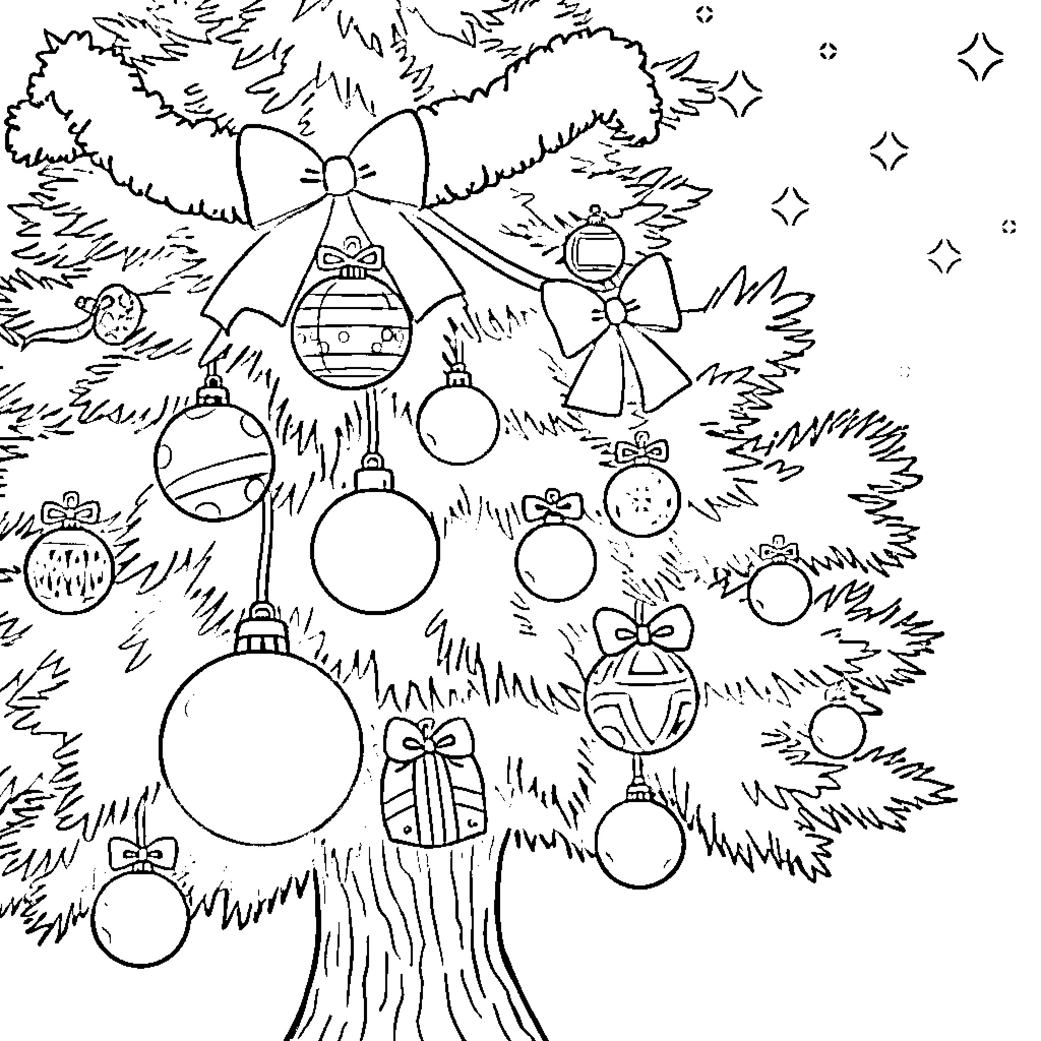Christmas Decoration with Ornaments and Bows on Tree Coloring Page (free black-and-white line drawing printable PDF for all, from beginners to advanced learners, including children, teens, adults, and seniors)