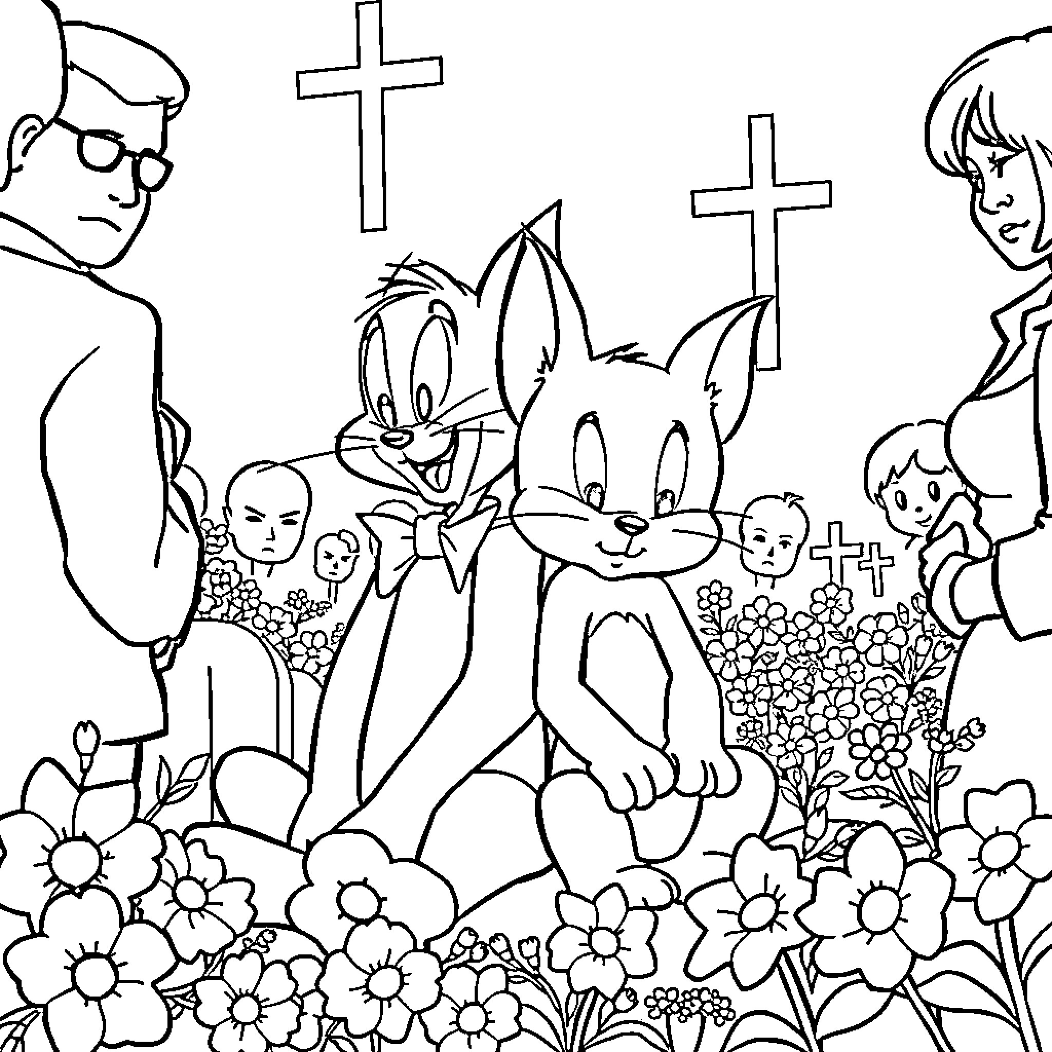 Tom and Jerry in a Lively Garden of Flowers Coloring Page (free black-and-white line drawing printable PDF for all, from beginners to advanced learners, including children, teens, adults, and seniors)