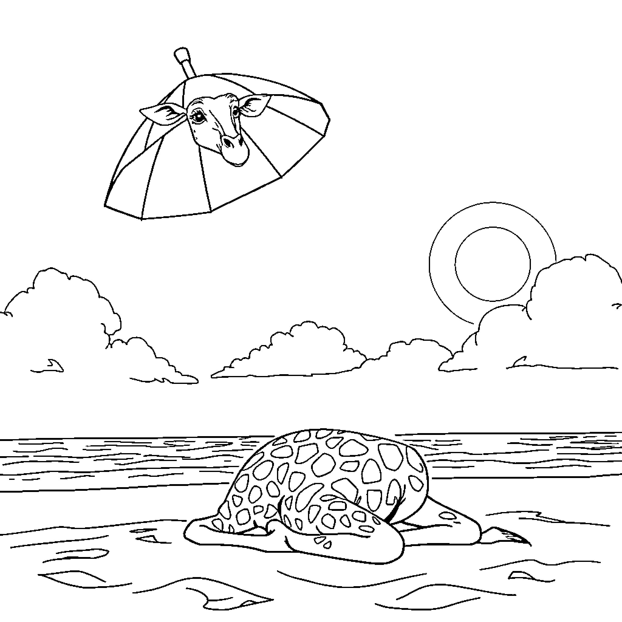 Giraffe enjoying a sunny day on the beach Coloring Page (free black-and-white line drawing printable PDF for all, from beginners to advanced learners, including children, teens, adults, and seniors)