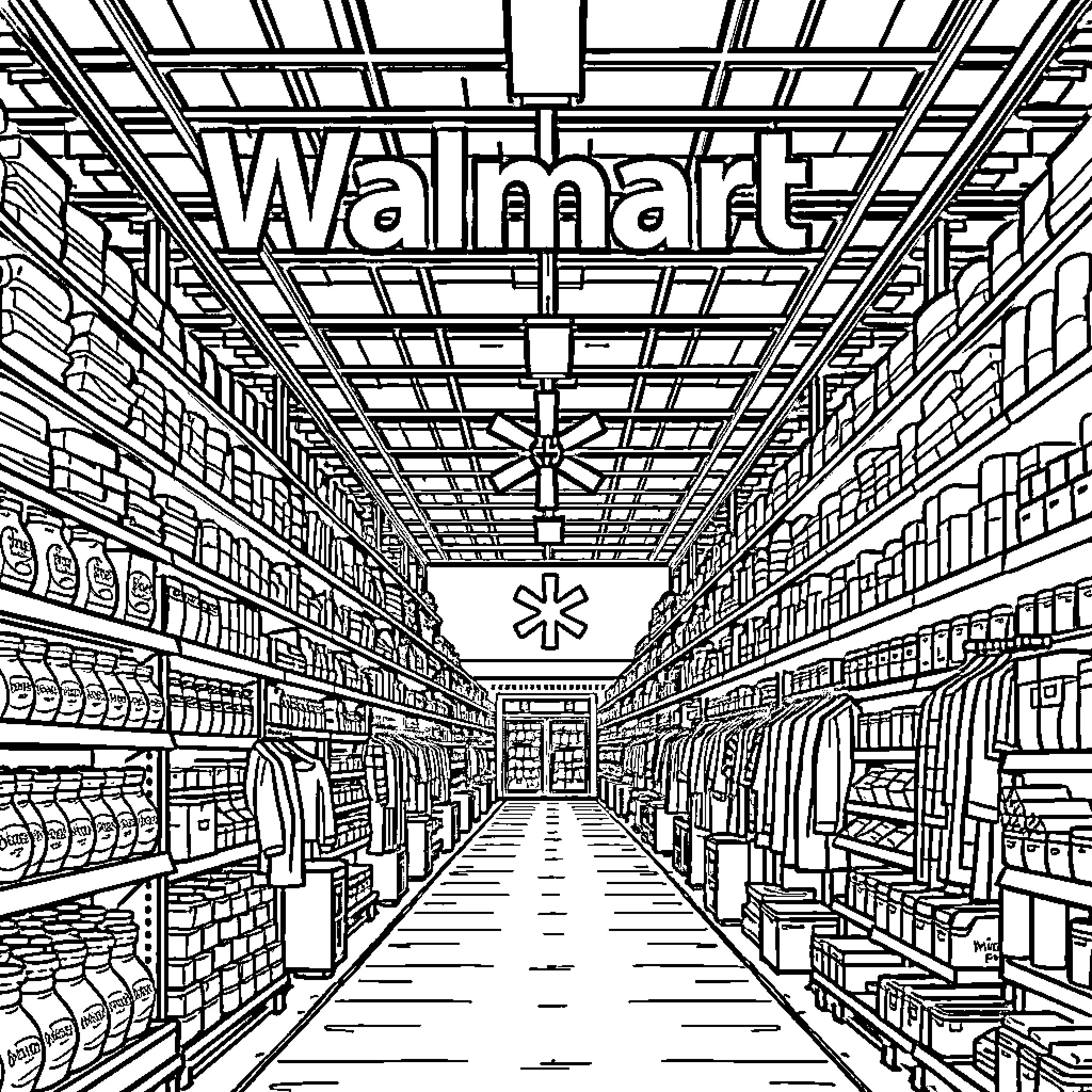 Walmart interior with merchandise and aisle Coloring Page (free black-and-white line drawing printable PDF for all, from beginners to advanced learners, including children, teens, adults, and seniors)