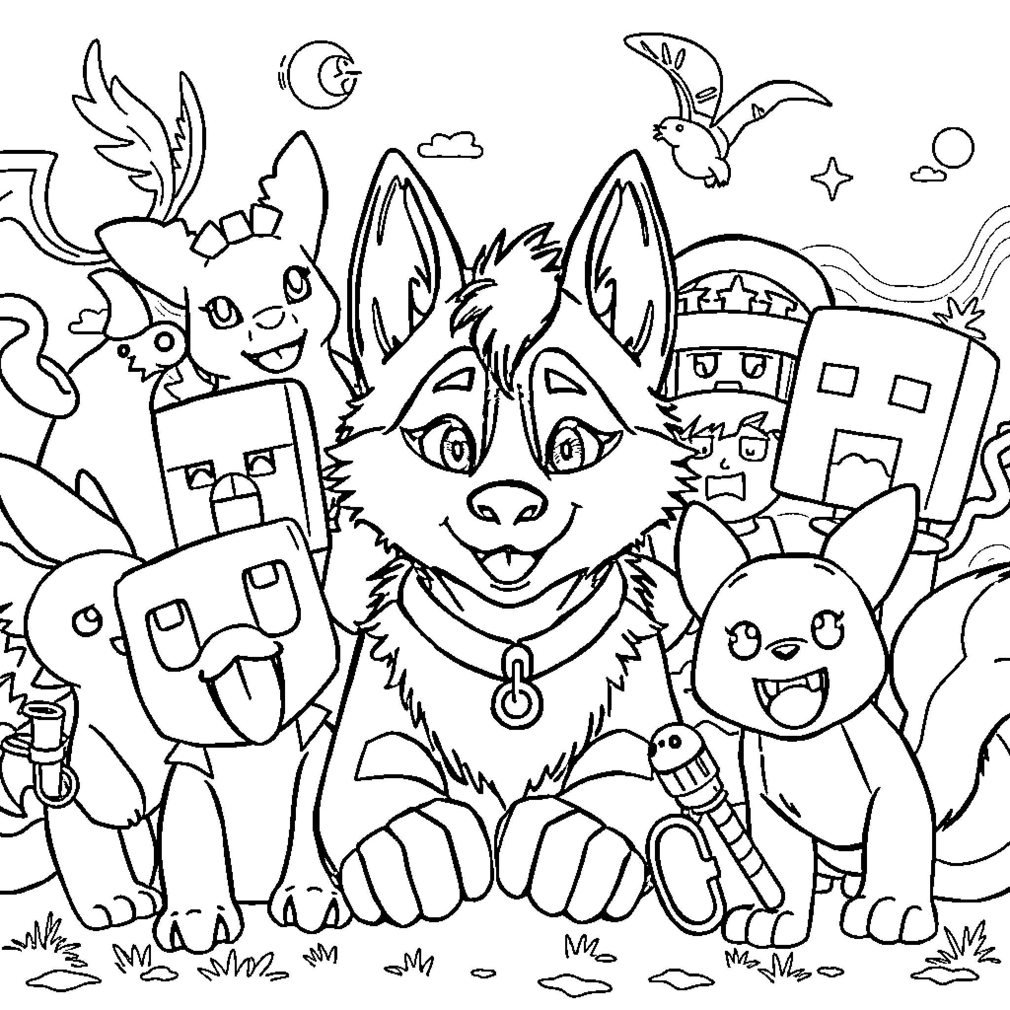 Husky surrounded by playful animal characters Coloring Page (free black-and-white line drawing printable PDF for all, from beginners to advanced learners, including children, teens, adults, and seniors)