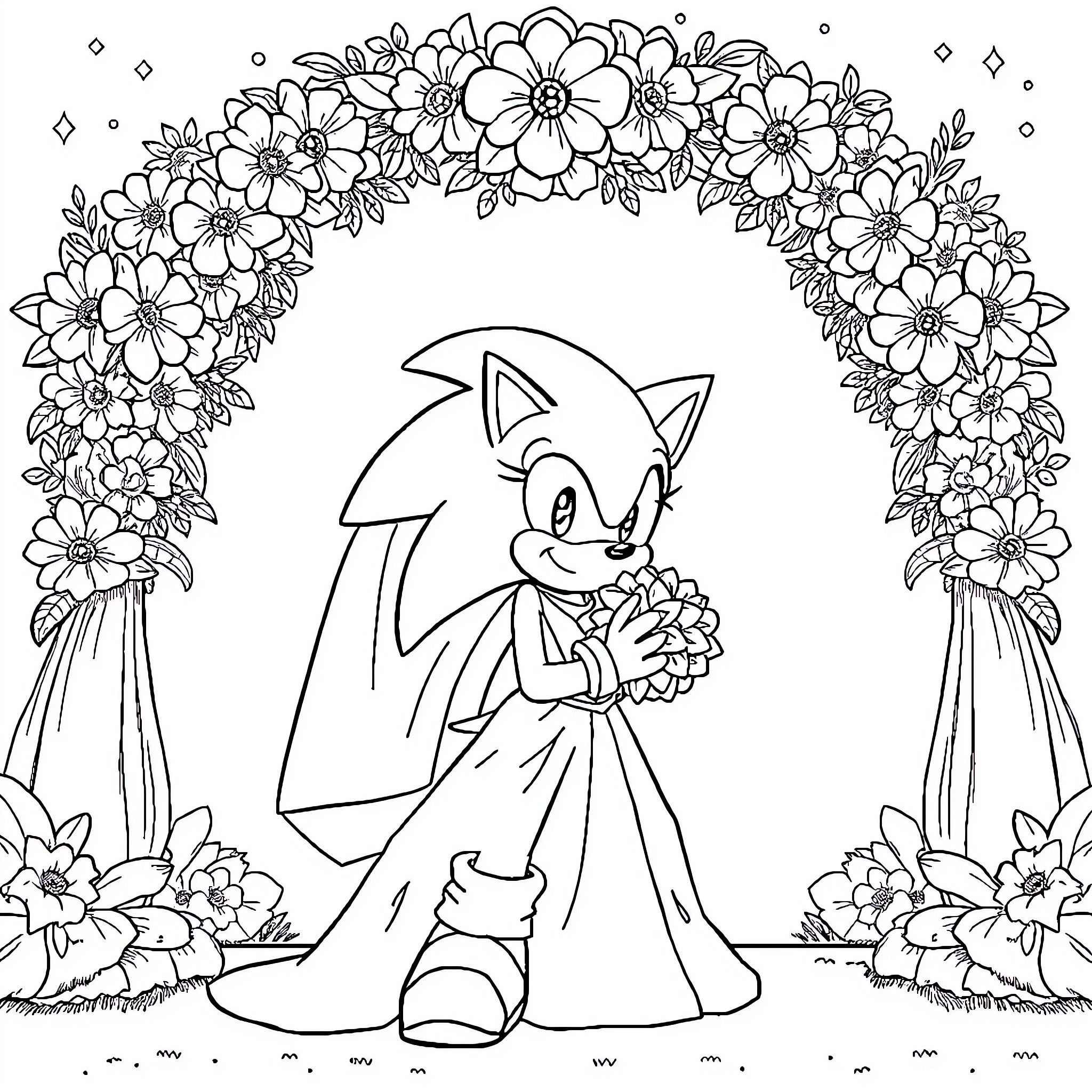 Sonic surrounded by floral arch with happy expression Coloring Page (free black-and-white line drawing printable PDF for all, from beginners to advanced learners, including children, teens, adults, and seniors)