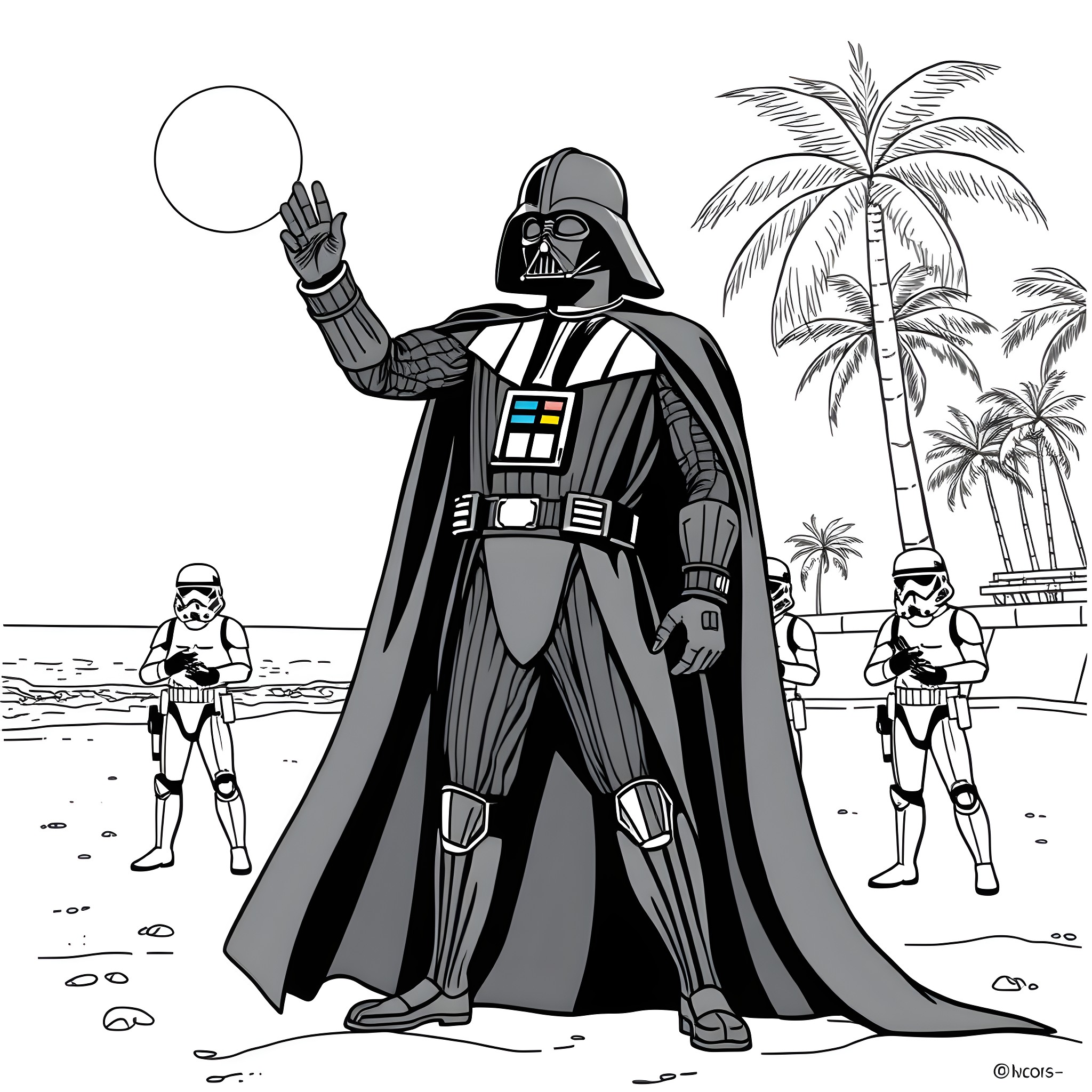 Darth Vader commanding troops on a tropical beach Coloring Page (free black-and-white line drawing printable PDF for all, from beginners to advanced learners, including children, teens, adults, and seniors)