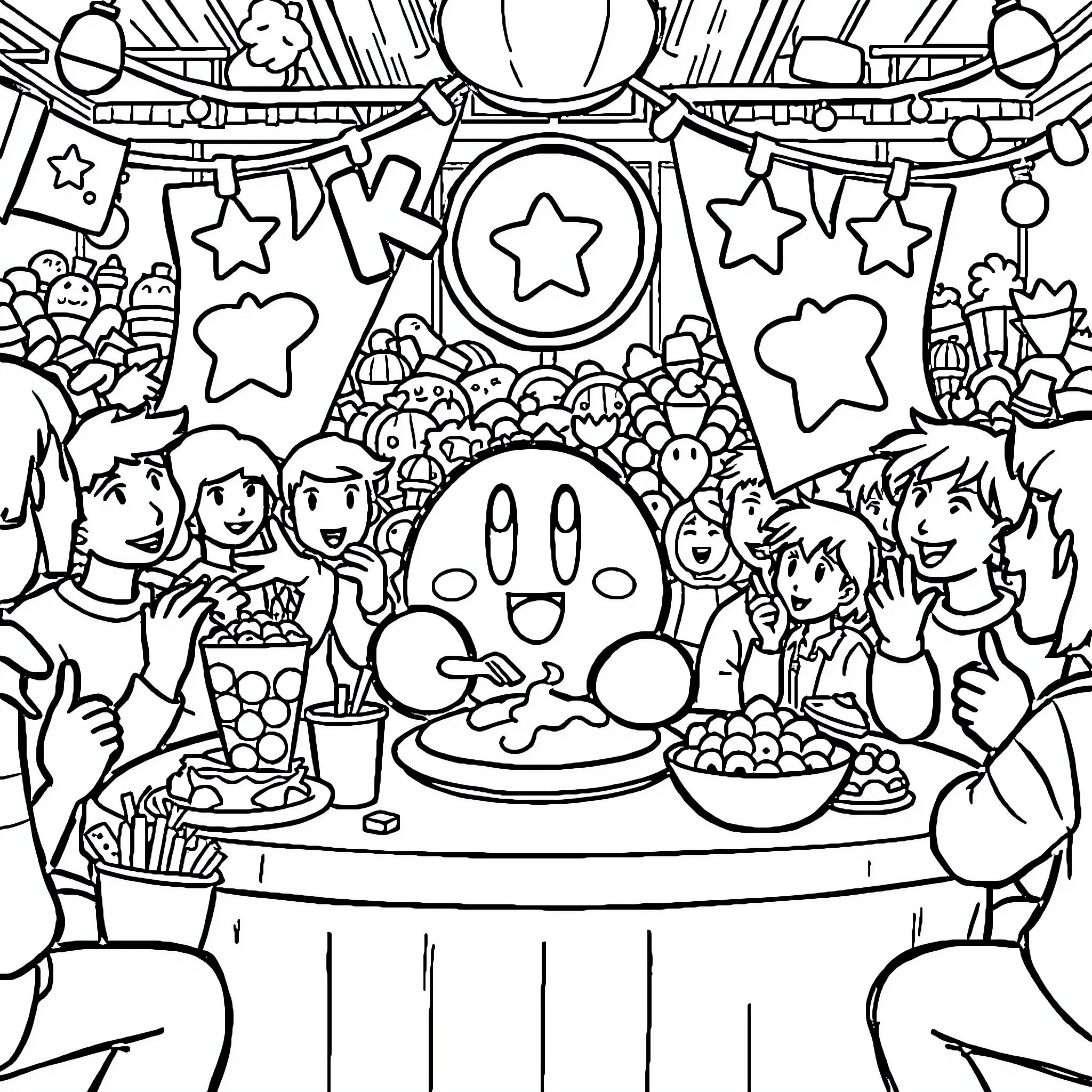 Kirby's Festive Celebration with Friends Coloring Page (free black-and-white line drawing printable PDF for all, from beginners to advanced learners, including children, teens, adults, and seniors)