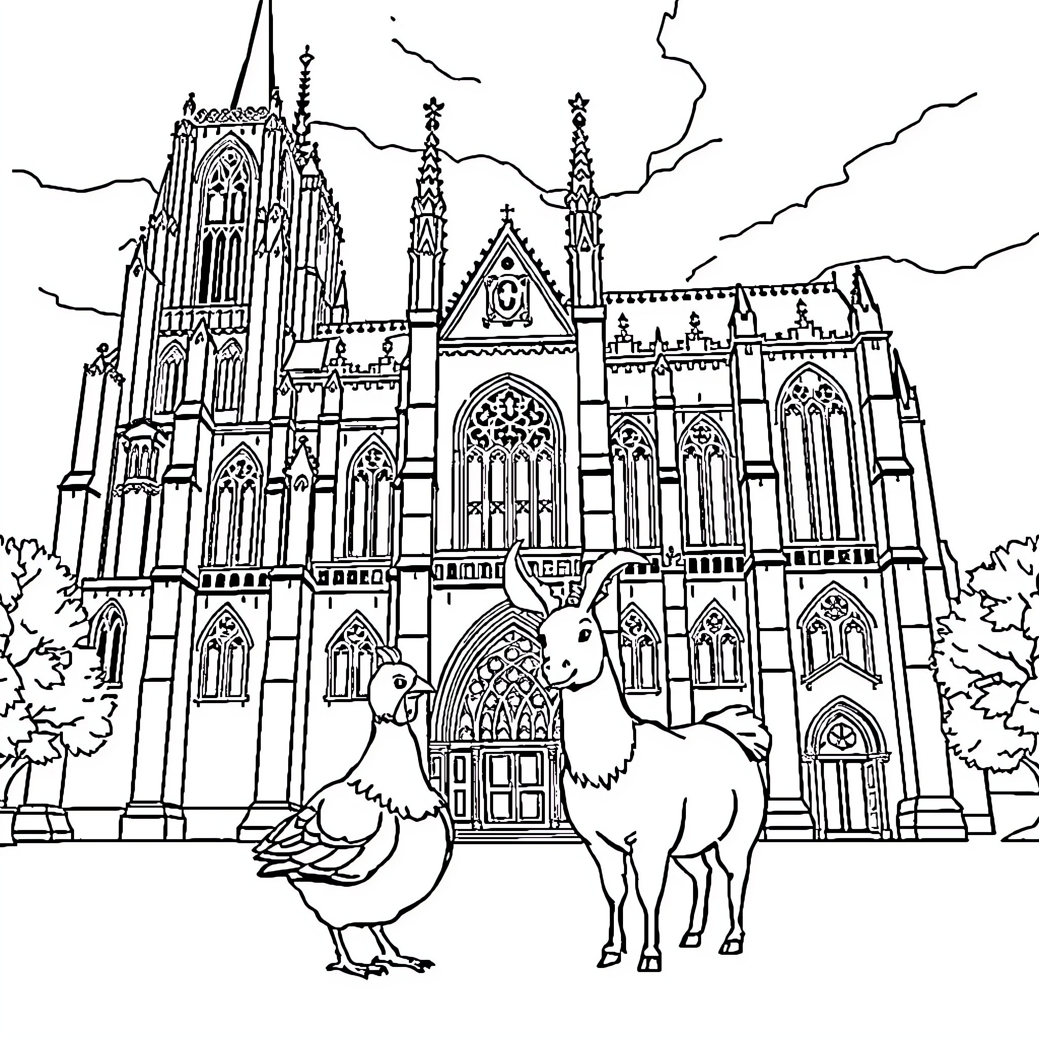Hen and Donkey at a Gothic Cathedral Coloring Page (free black-and-white line drawing printable PDF for all, from beginners to advanced learners, including children, teens, adults, and seniors)