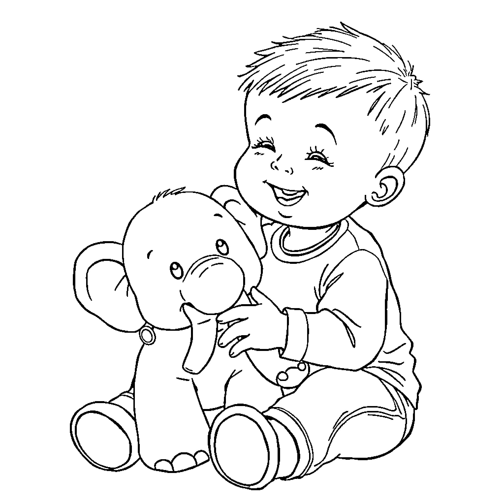Baby Boy Cuddling Stuffed Elephant Toy Coloring Page (free black-and-white line drawing printable PDF for all, from beginners to advanced learners, including children, teens, adults, and seniors)