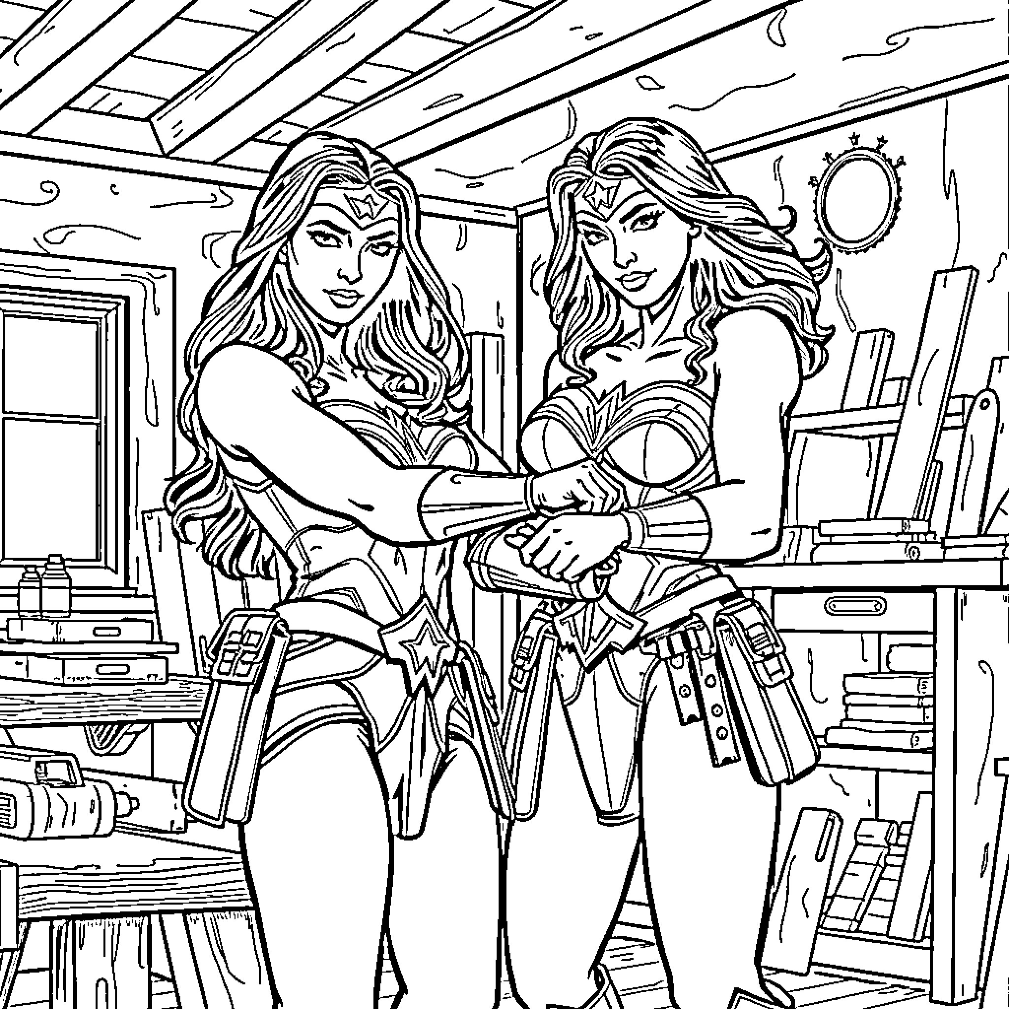 Wonder Woman Heroines in Action-Packed Scene Coloring Page (free black-and-white line drawing printable PDF for all, from beginners to advanced learners, including children, teens, adults, and seniors)