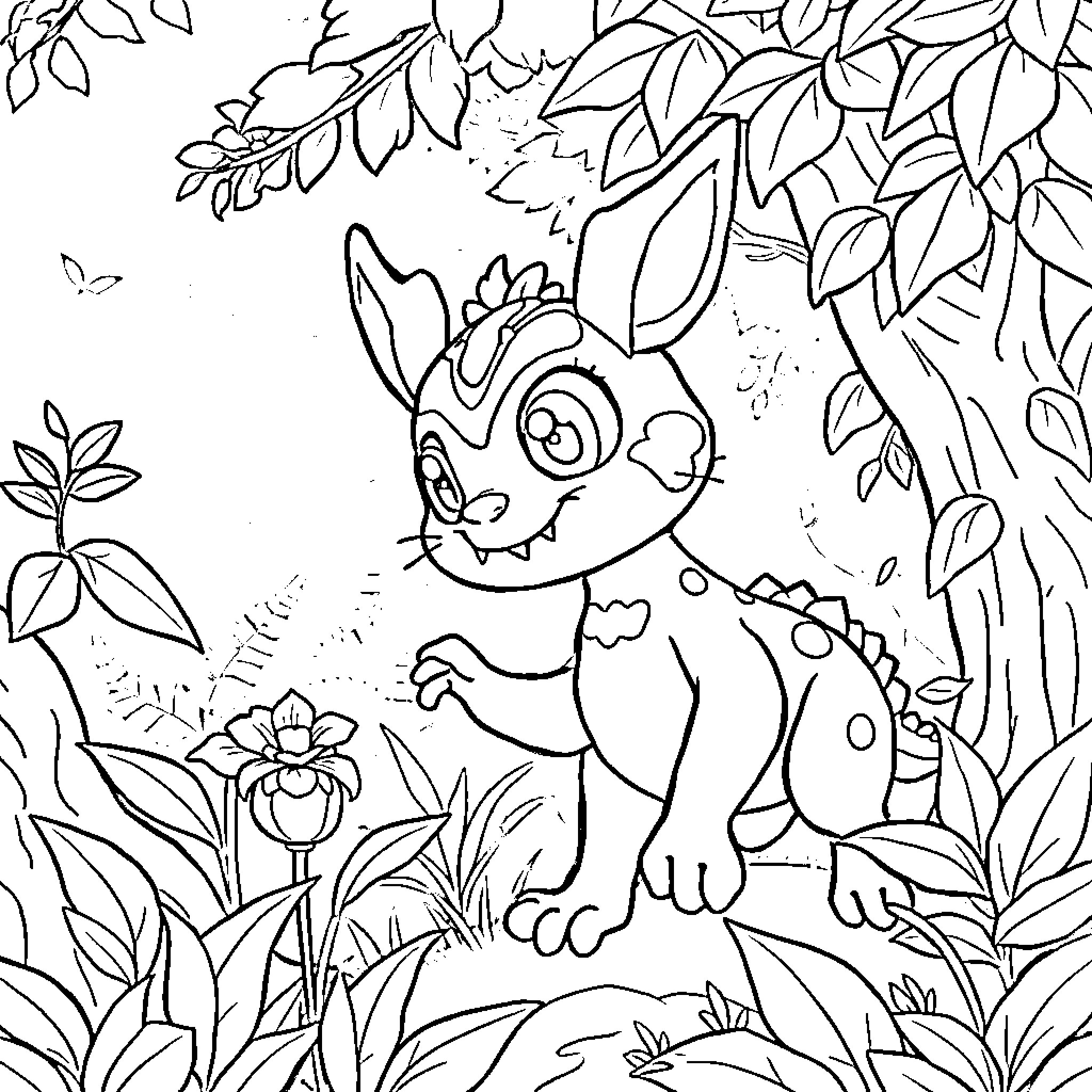 Labubu the Curious Bunny in the Lush Forest Coloring Page (free black-and-white line drawing printable PDF for all, from beginners to advanced learners, including children, teens, adults, and seniors)