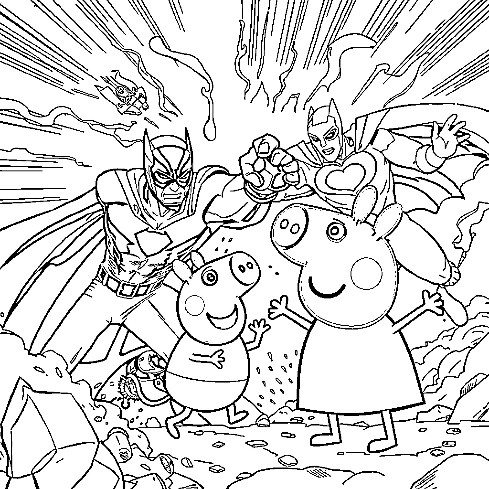 Marvel Heroes Confront Cartoon Villains in Explosive Scene Coloring Page (free black-and-white line drawing printable PDF for all, from beginners to advanced learners, including children, teens, adults, and seniors)