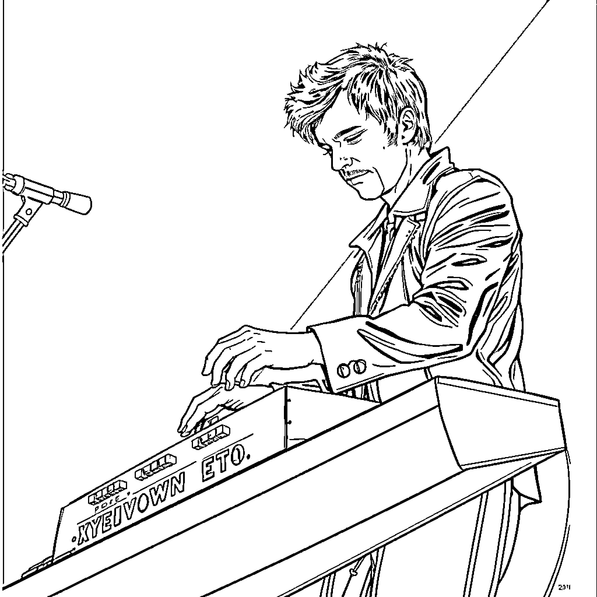 Gary Numan performing on stage with electronic equipment Coloring Page (free black-and-white line drawing printable PDF for all, from beginners to advanced learners, including children, teens, adults, and seniors)