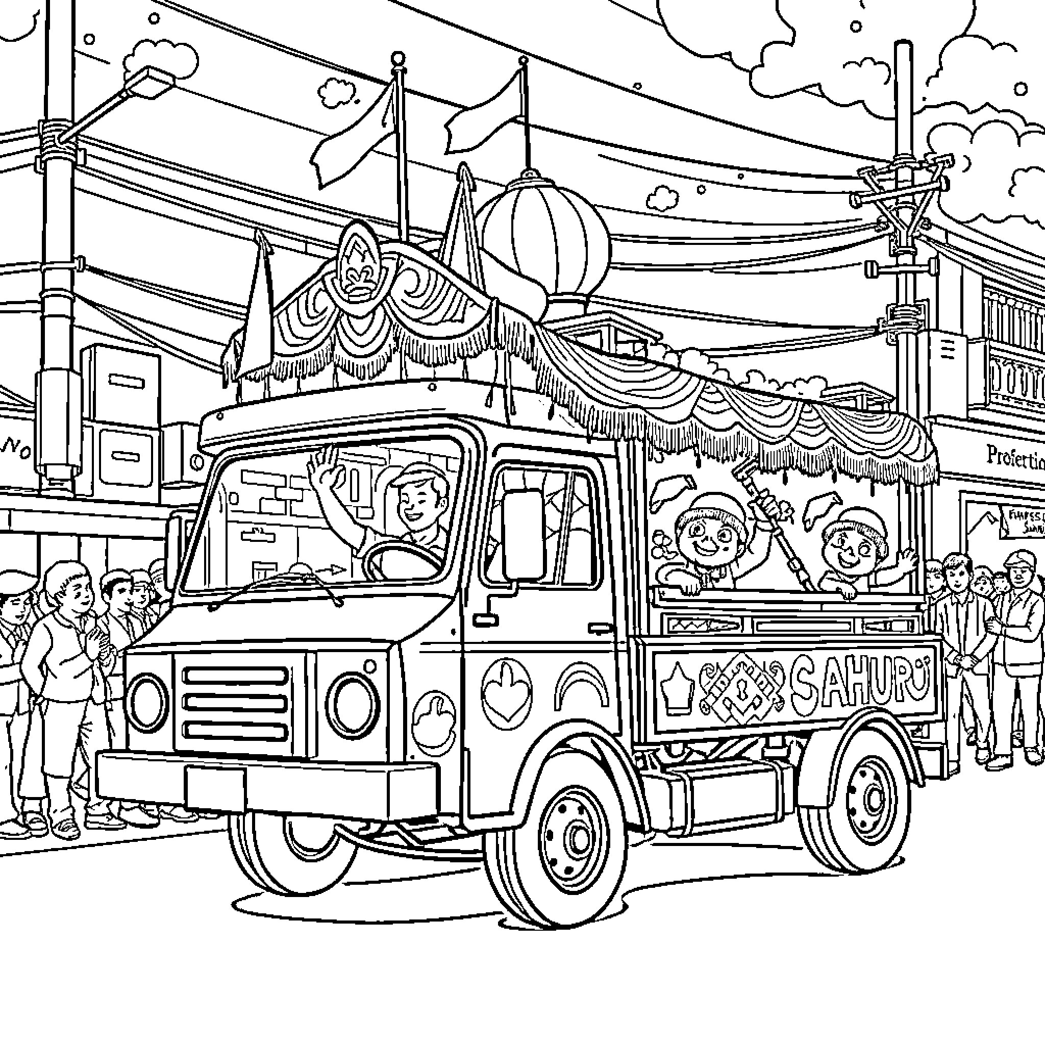 Truck decorated for carnival parade Coloring Page (free black-and-white line drawing printable PDF for all, from beginners to advanced learners, including children, teens, adults, and seniors)