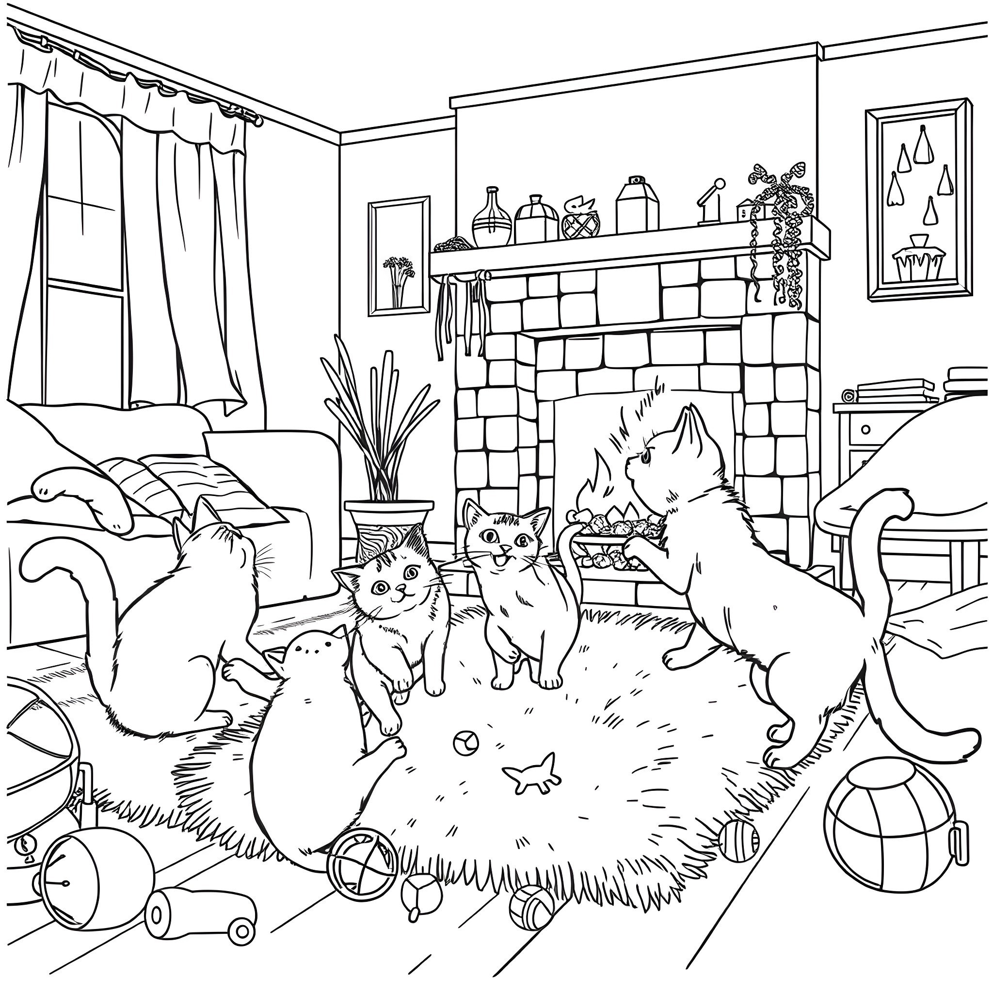 Cats Playing in Cozy Living Room Coloring Page (free black-and-white line drawing printable PDF for all, from beginners to advanced learners, including children, teens, adults, and seniors)