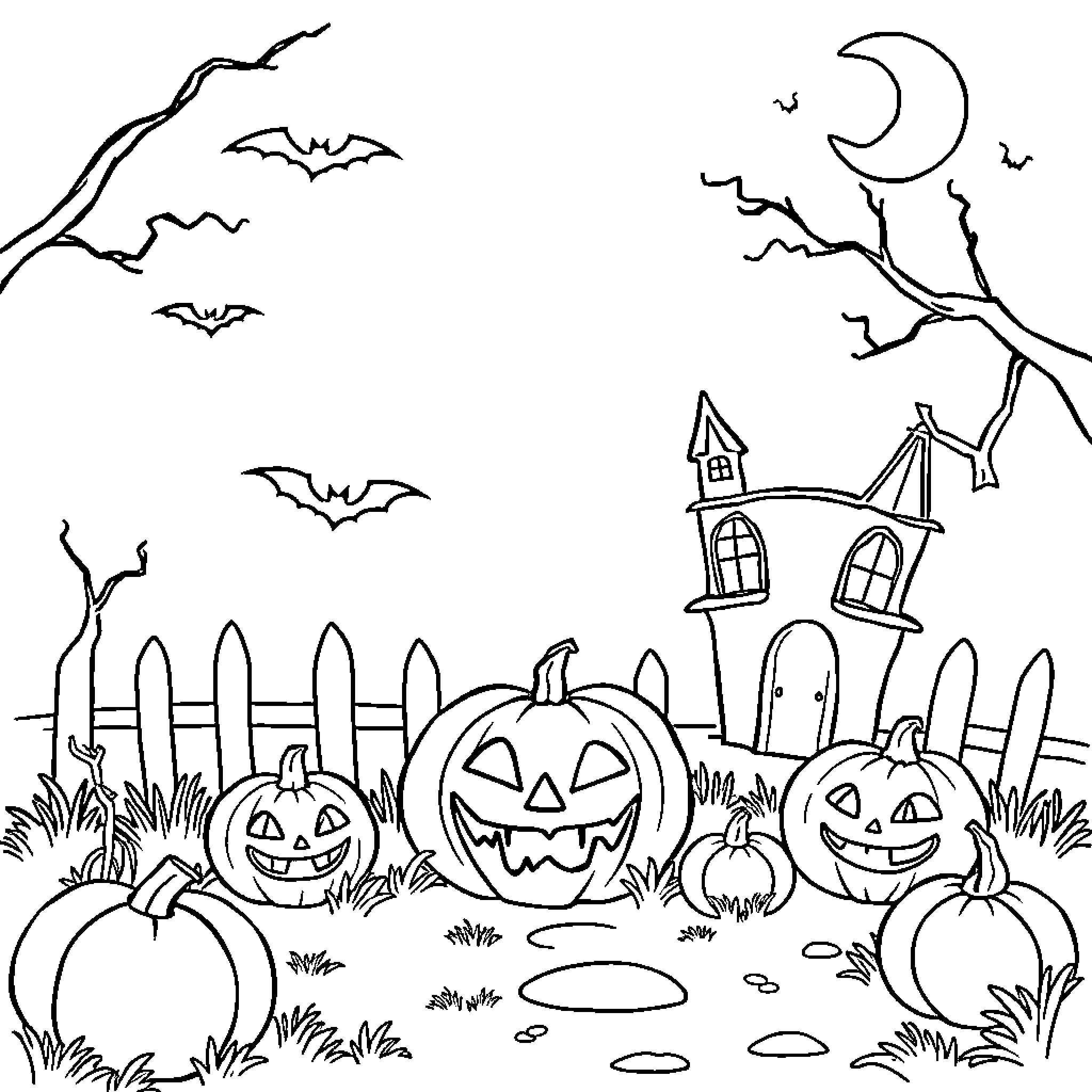 Halloween Night in a Haunted Pumpkin Patch Coloring Page (free black-and-white line drawing printable PDF for all, from beginners to advanced learners, including children, teens, adults, and seniors)