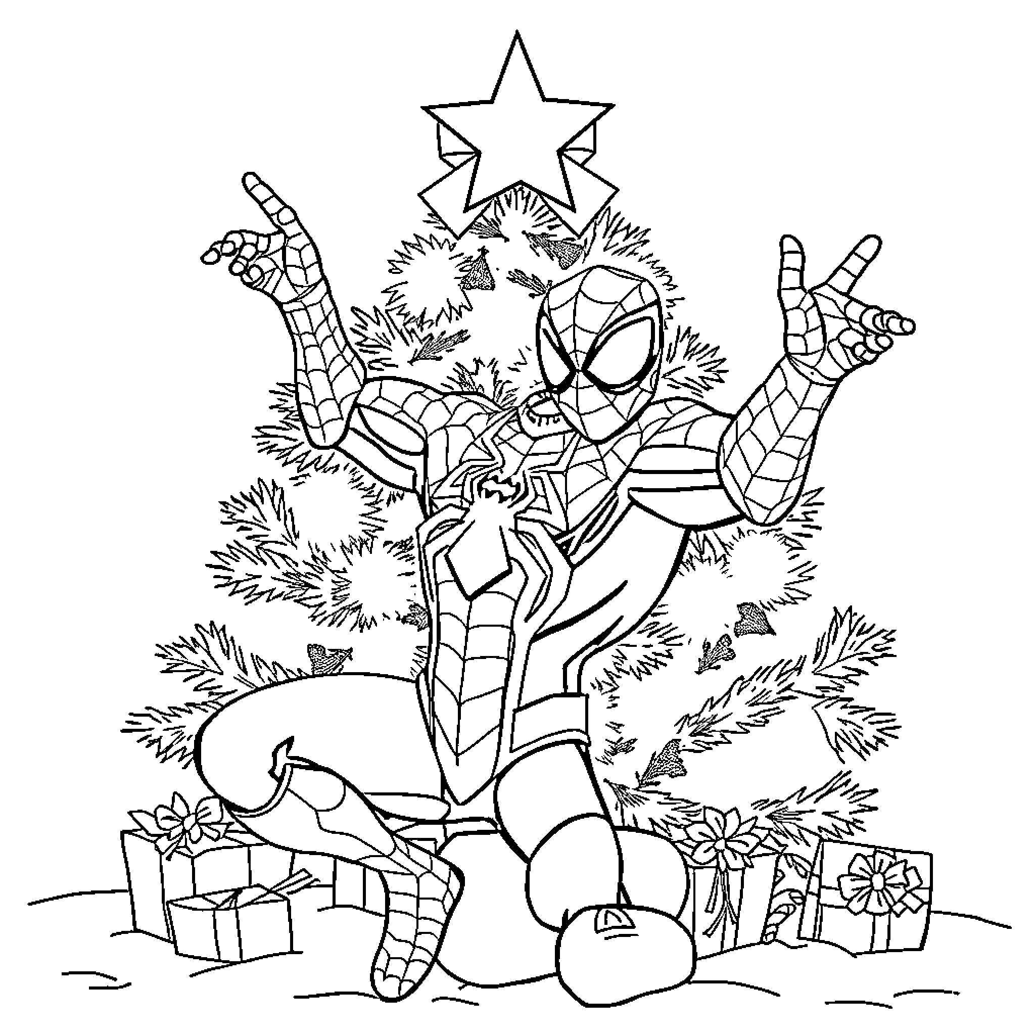 Spider-Man celebrates Christmas in festive scene Coloring Page (free black-and-white line drawing printable PDF for all, from beginners to advanced learners, including children, teens, adults, and seniors)