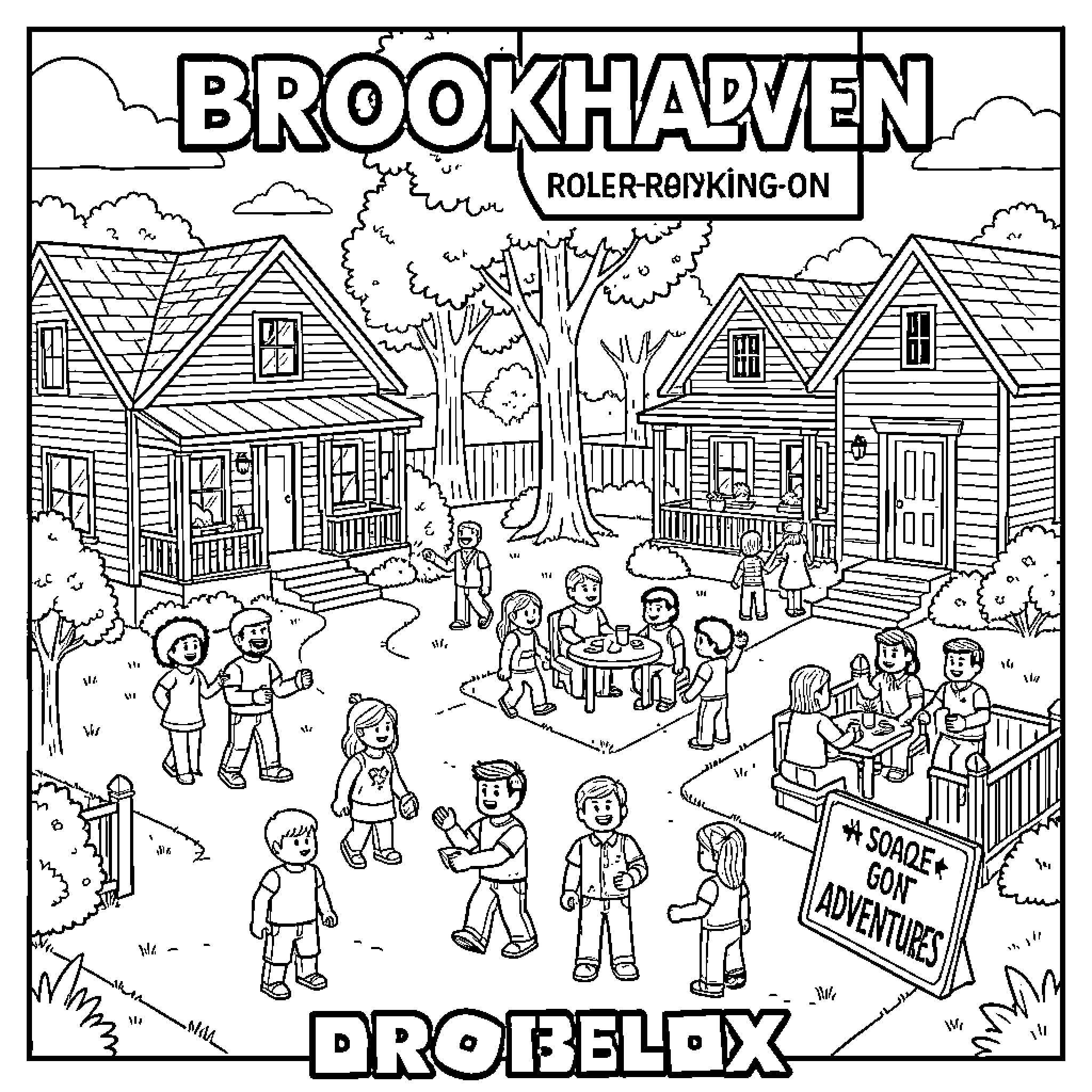 Brookhaven RP characters interacting in a neighborhood setting Coloring Page (free black-and-white line drawing printable PDF for all, from beginners to advanced learners, including children, teens, adults, and seniors)