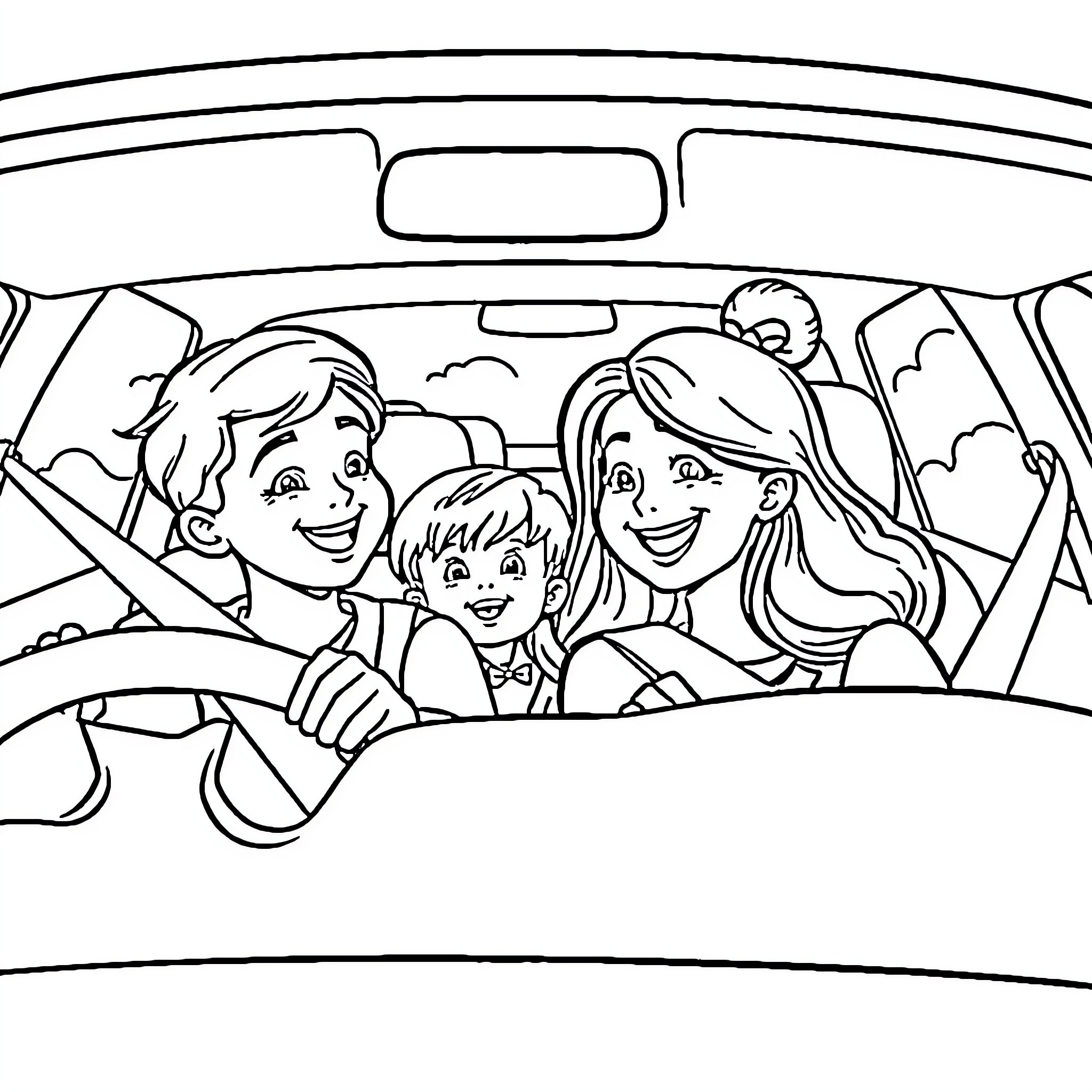Car ride with happy family Coloring Page (free black-and-white line drawing printable PDF for all, from beginners to advanced learners, including children, teens, adults, and seniors)