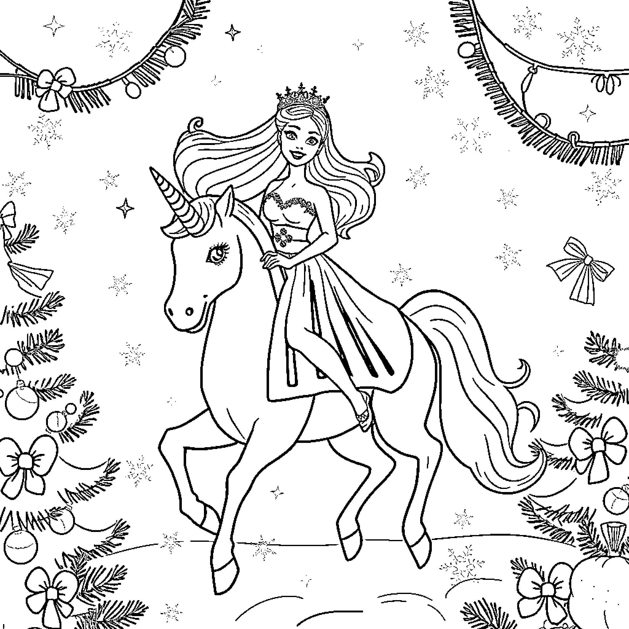 Barbie Riding a Magical Unicorn in a Whimsical Winter Scene Coloring Page (free black-and-white line drawing printable PDF for all, from beginners to advanced learners, including children, teens, adults, and seniors)