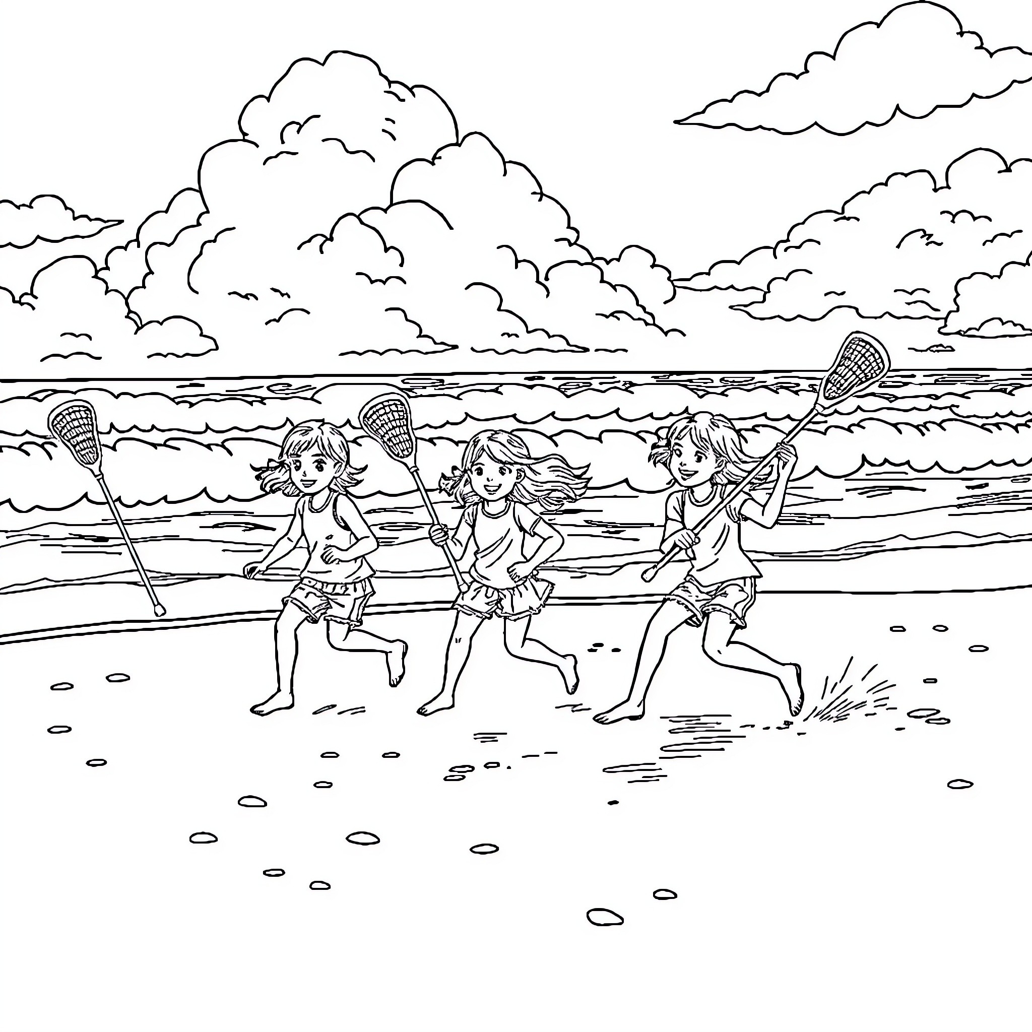 Kid trio chasing butterflies on the beach Coloring Page (free black-and-white line drawing printable PDF for all, from beginners to advanced learners, including children, teens, adults, and seniors)