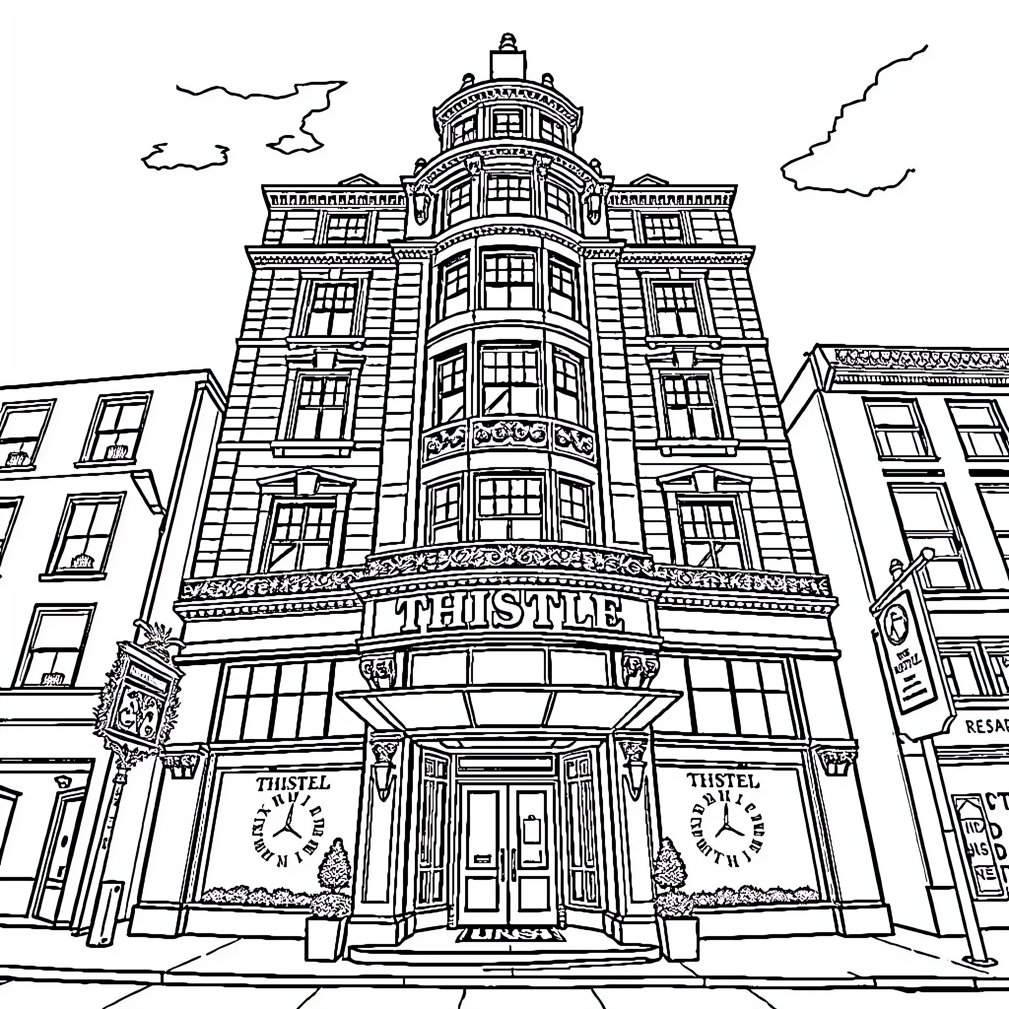 Thistled building with ornate exterior and signage Coloring Page (free black-and-white line drawing printable PDF for all, from beginners to advanced learners, including children, teens, adults, and seniors)