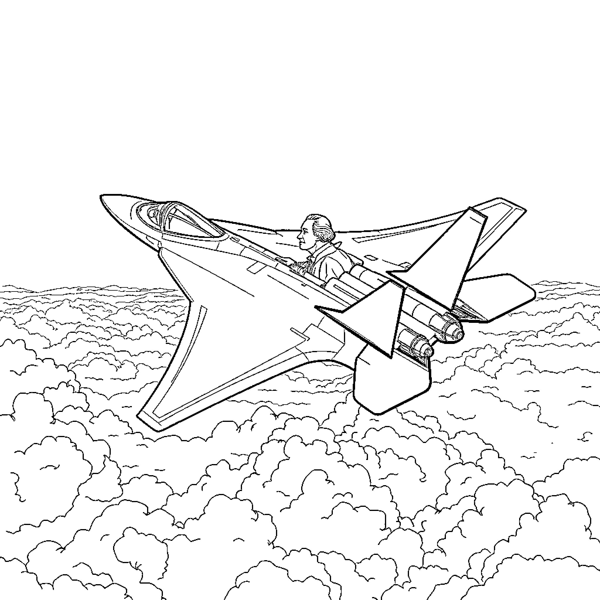 George Washington Flies Futuristic Jet Through Clouds Coloring Page (free black-and-white line drawing printable PDF for all, from beginners to advanced learners, including children, teens, adults, and seniors)