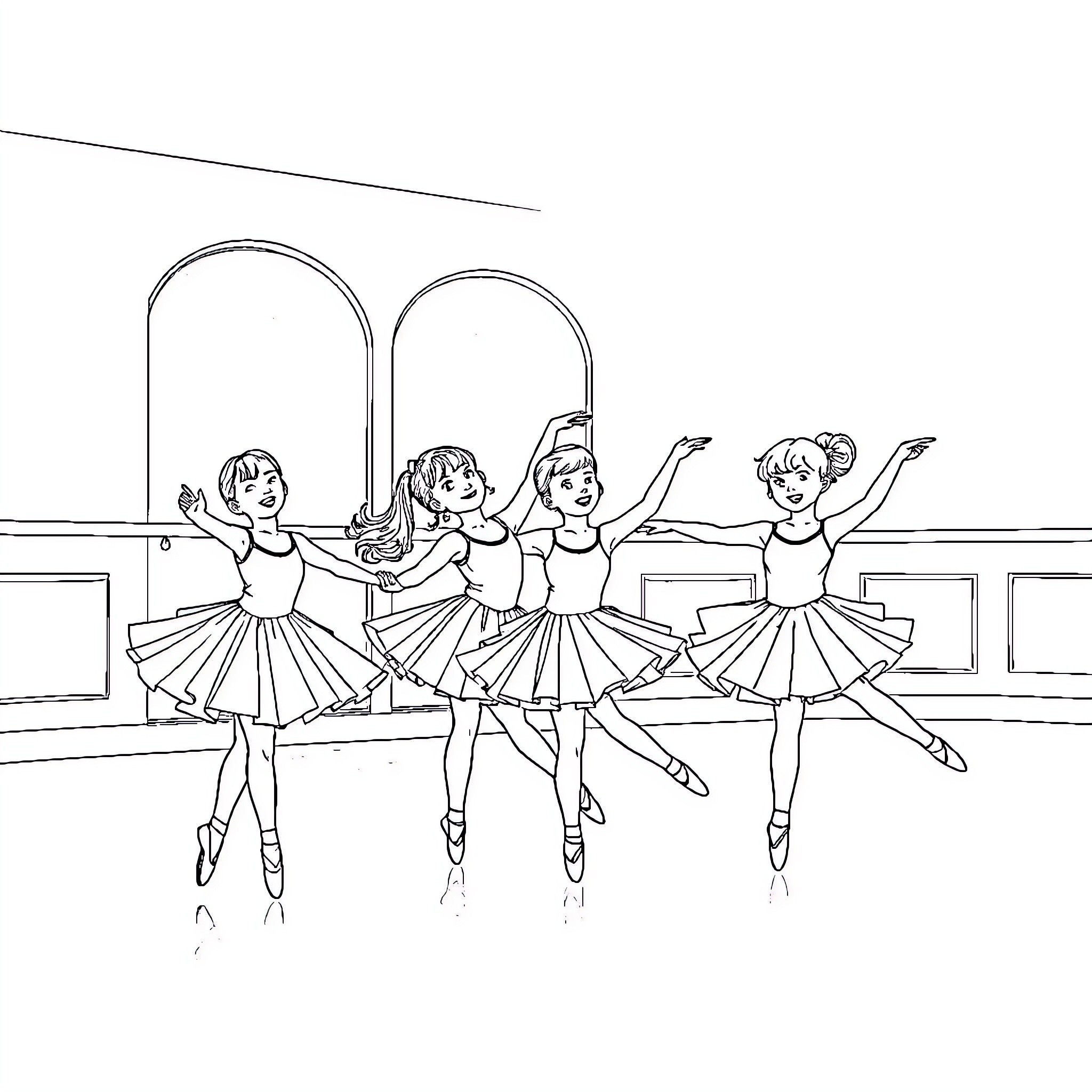 Kid ballerinas performing graceful dance steps Coloring Page (free black-and-white line drawing printable PDF for all, from beginners to advanced learners, including children, teens, adults, and seniors)