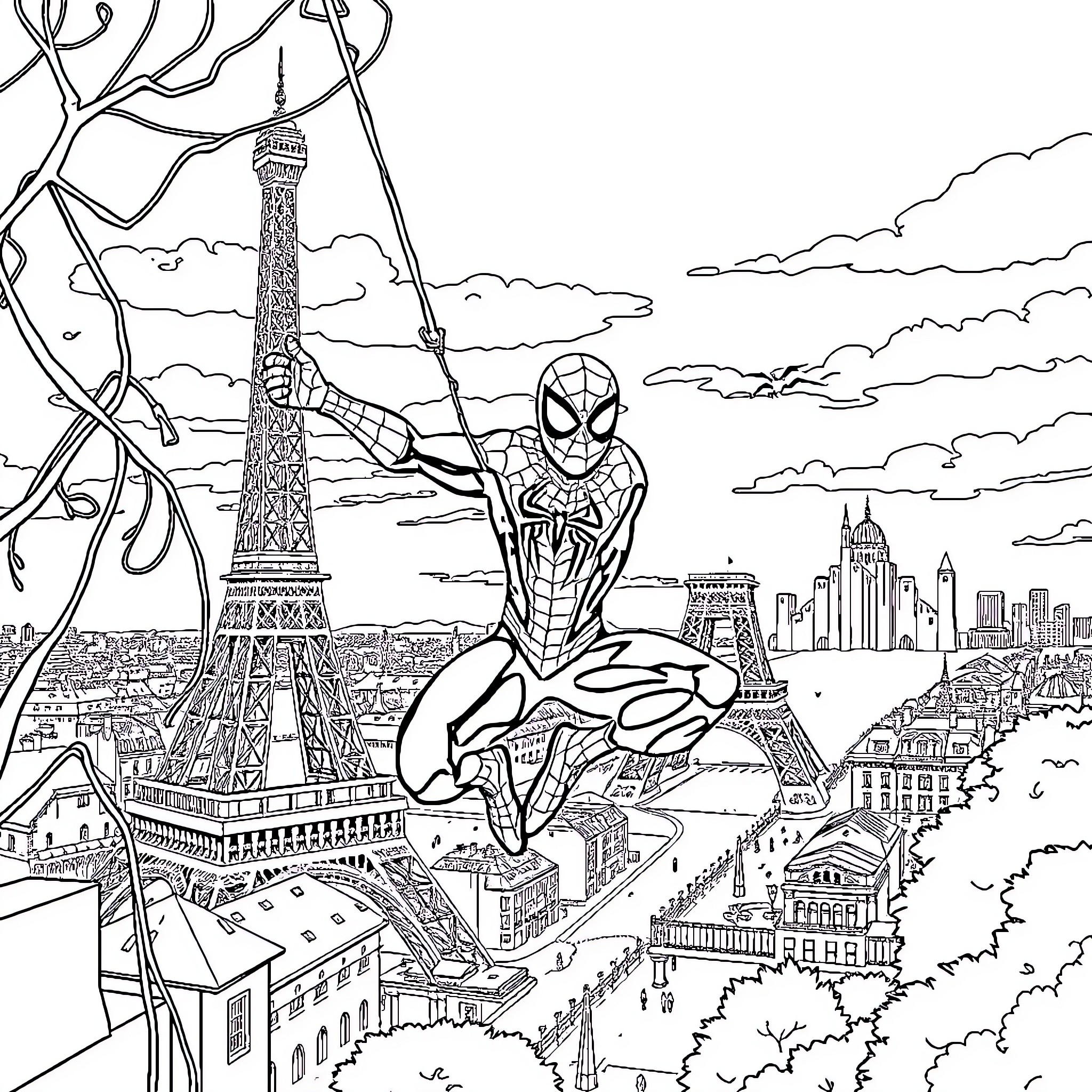 Spiderman swinging through the cityscape Coloring Page (free black-and-white line drawing printable PDF for all, from beginners to advanced learners, including children, teens, adults, and seniors)