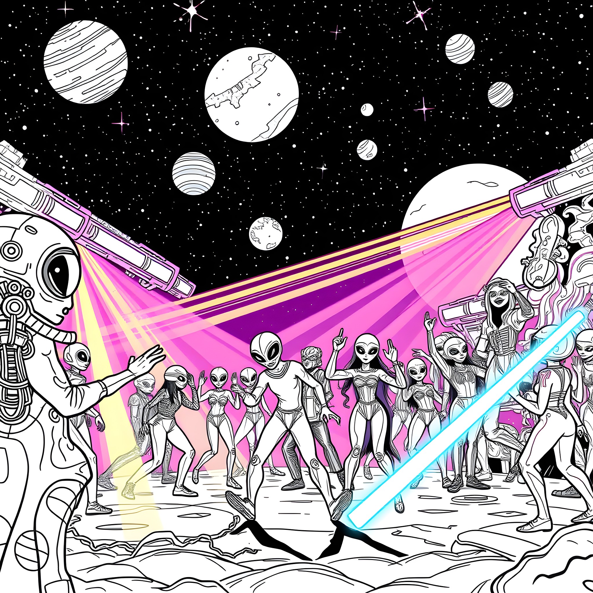 Alien spaceship encounters extraterrestrial civilization Coloring Page (free black-and-white line drawing printable PDF for all, from beginners to advanced learners, including children, teens, adults, and seniors)