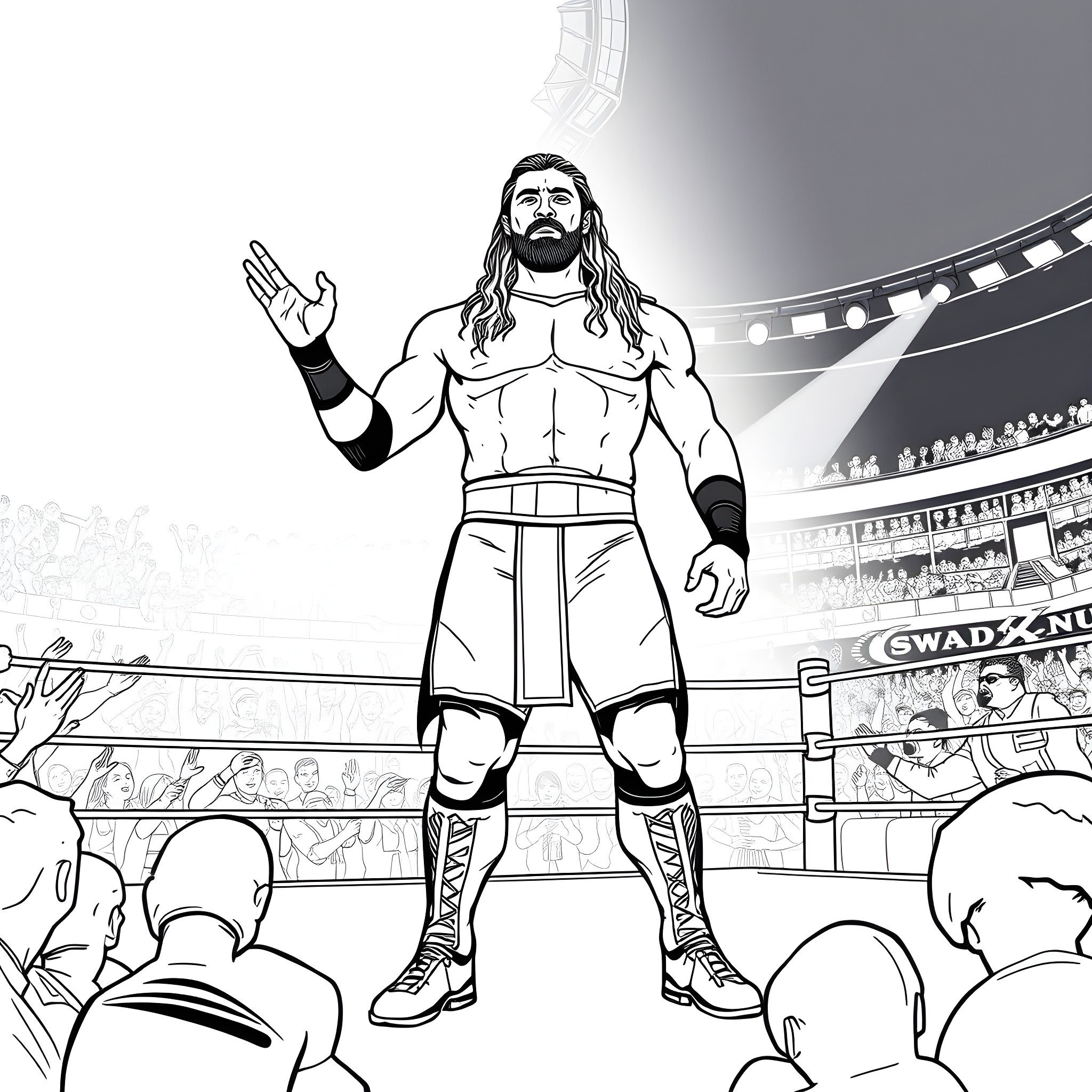 Roman Reigns in Dominating Wrestler Pose on Wrestling Stage Coloring Page (free black-and-white line drawing printable PDF for all, from beginners to advanced learners, including children, teens, adults, and seniors)