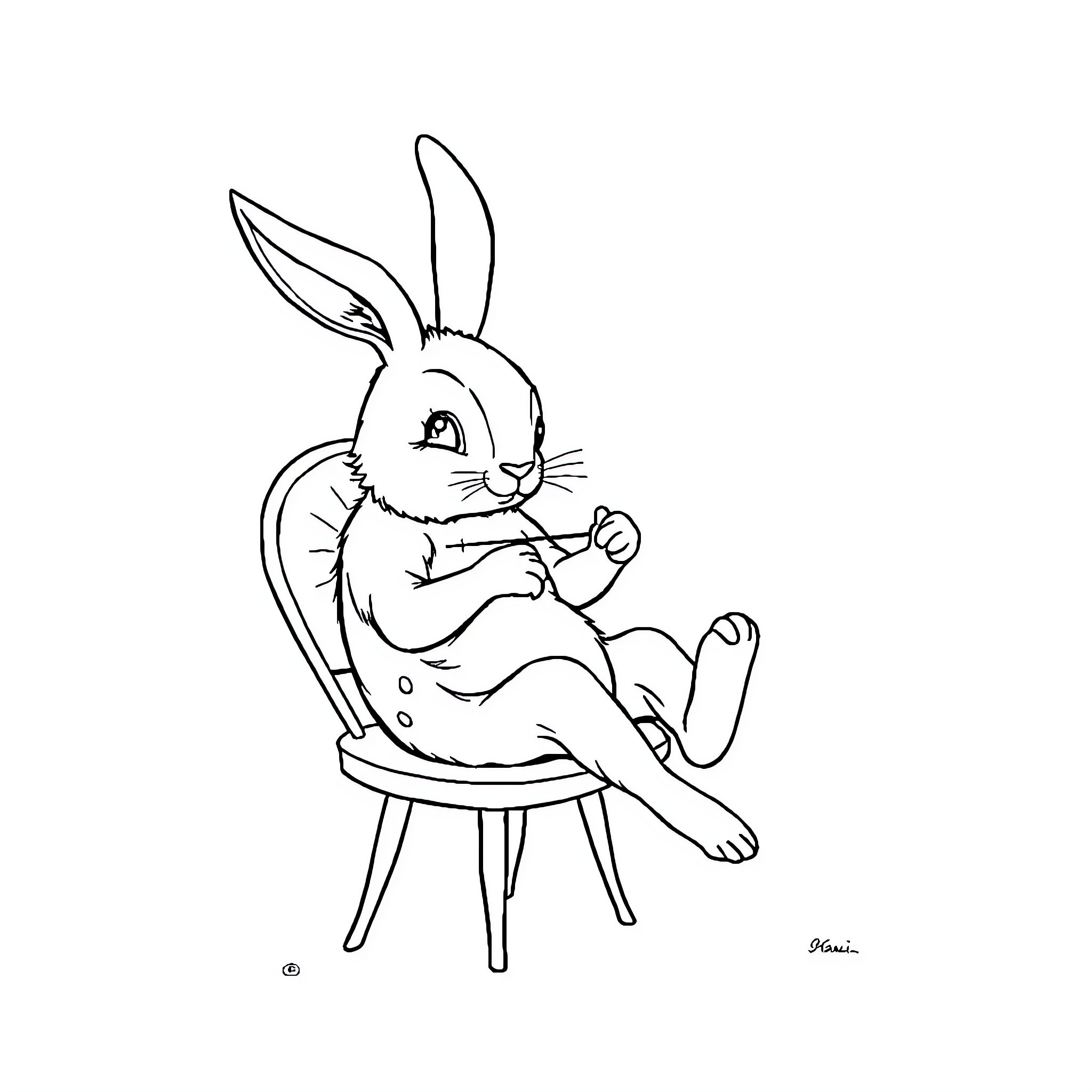 Rabbit sitting comfortably in a chair Coloring Page (free black-and-white line drawing printable PDF for all, from beginners to advanced learners, including children, teens, adults, and seniors)