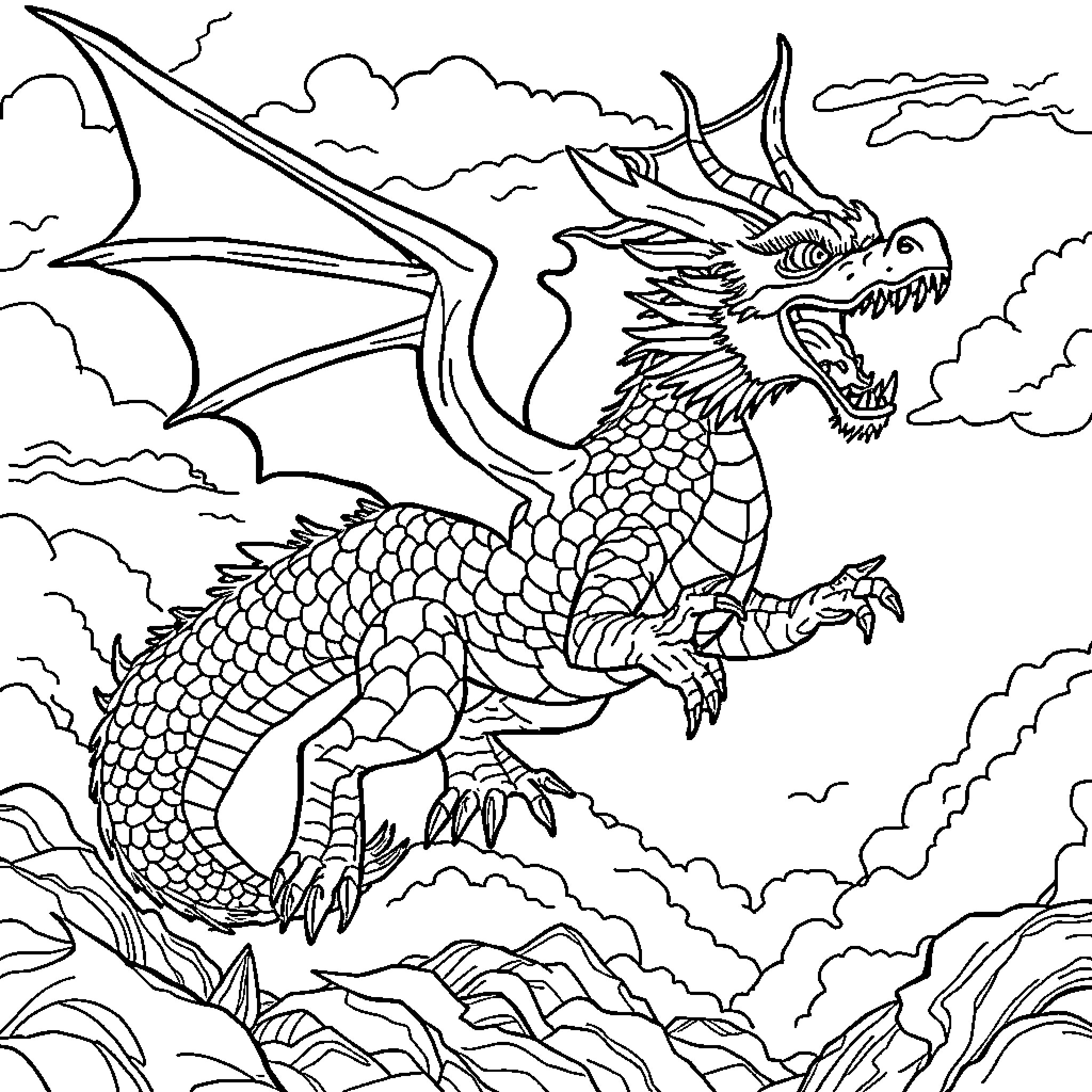 Dragon soaring through cloudy skies Coloring Page (free black-and-white line drawing printable PDF for all, from beginners to advanced learners, including children, teens, adults, and seniors)