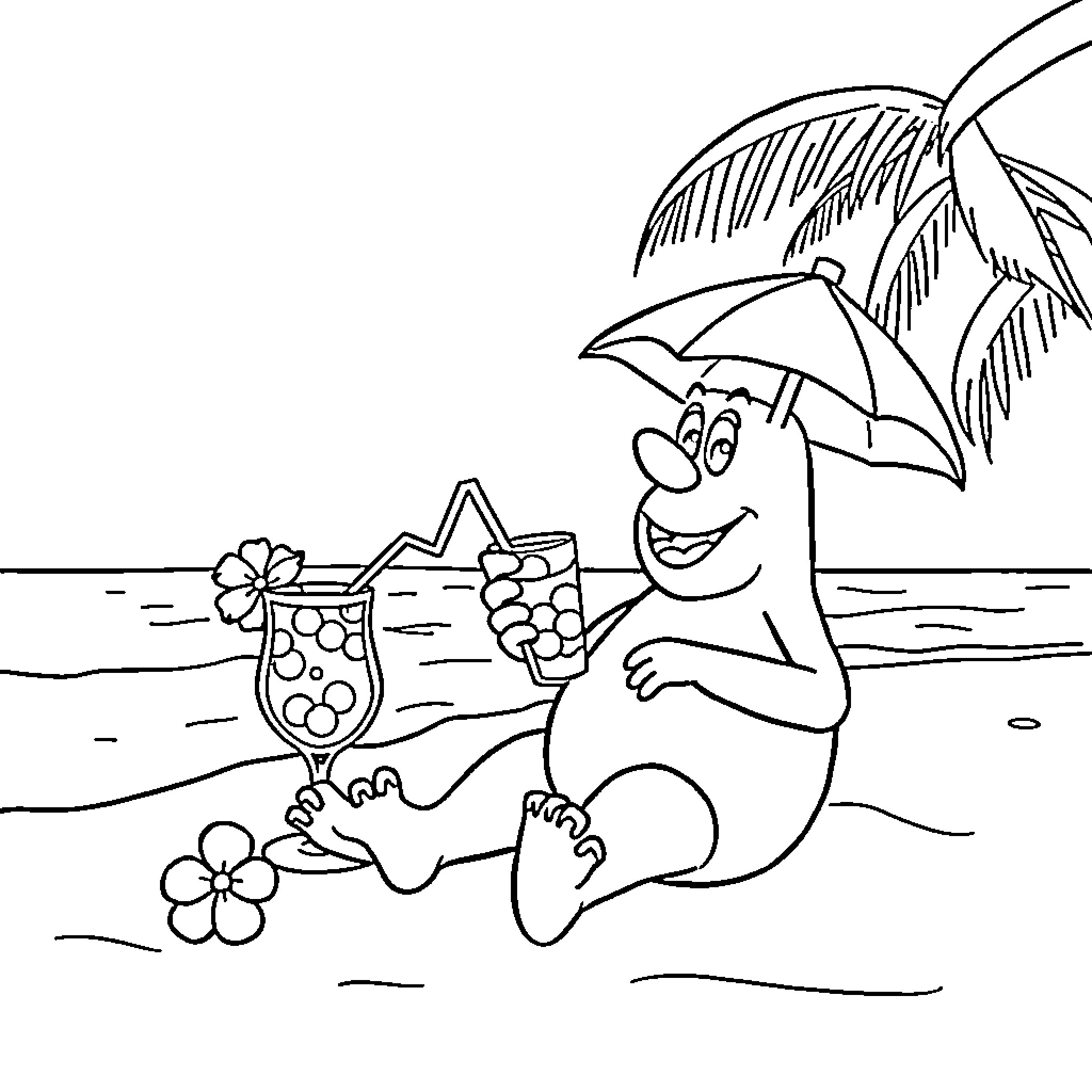 Lilo enjoying a tropical drink on the beach Coloring Page (free black-and-white line drawing printable PDF for all, from beginners to advanced learners, including children, teens, adults, and seniors)