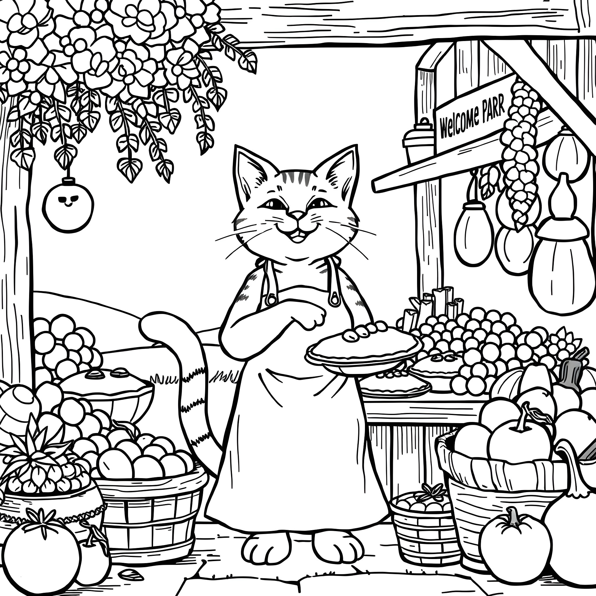 Cat running a farmer's market stall Coloring Page (free black-and-white line drawing printable PDF for all, from beginners to advanced learners, including children, teens, adults, and seniors)