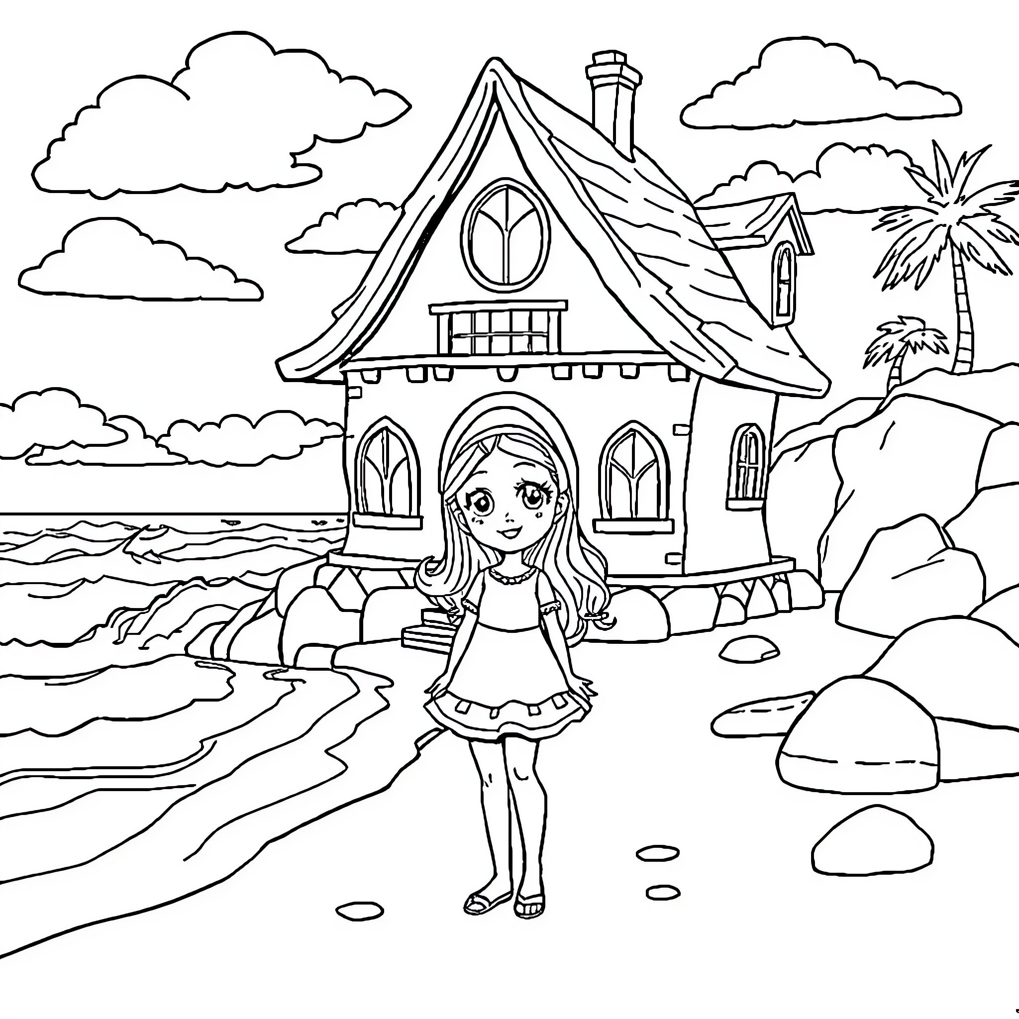 Gabby's Whimsical Seaside Adventure Coloring Page (free black-and-white line drawing printable PDF for all, from beginners to advanced learners, including children, teens, adults, and seniors)