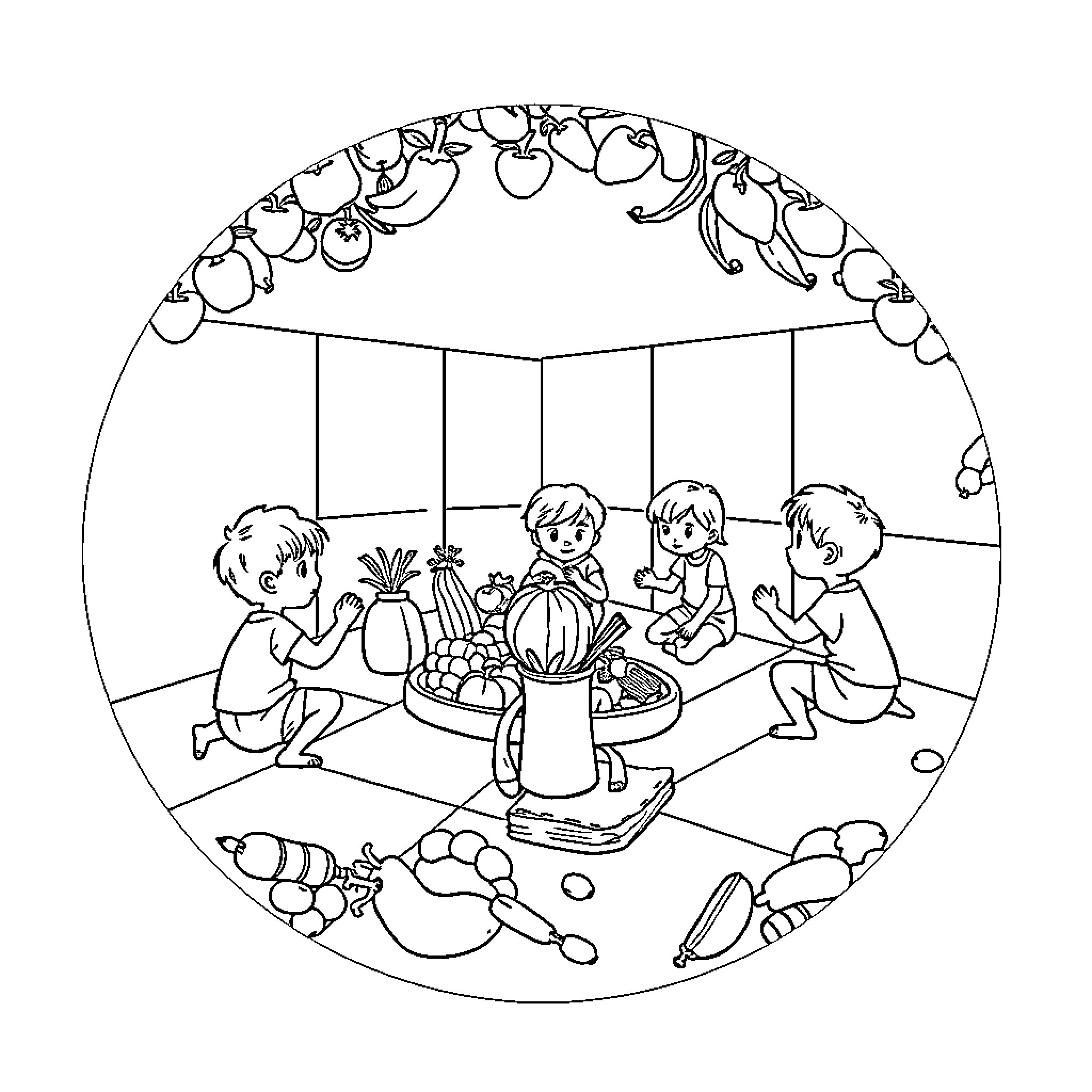 Child enjoying Thanksgiving feast with family Coloring Page (free black-and-white line drawing printable PDF for all, from beginners to advanced learners, including children, teens, adults, and seniors)