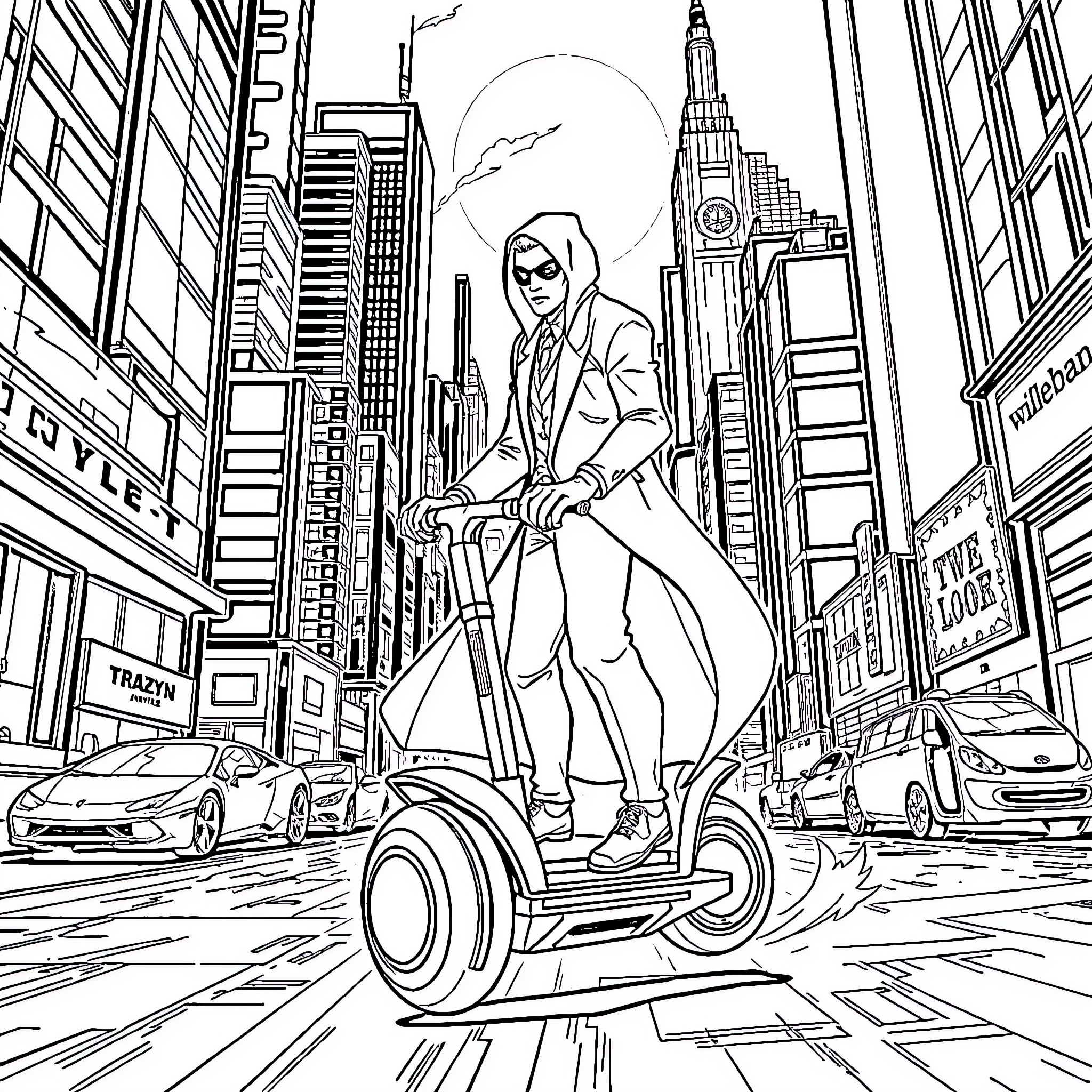 Trazyn's Urban Adventure on a Hoverboard Coloring Page (free black-and-white line drawing printable PDF for all, from beginners to advanced learners, including children, teens, adults, and seniors)