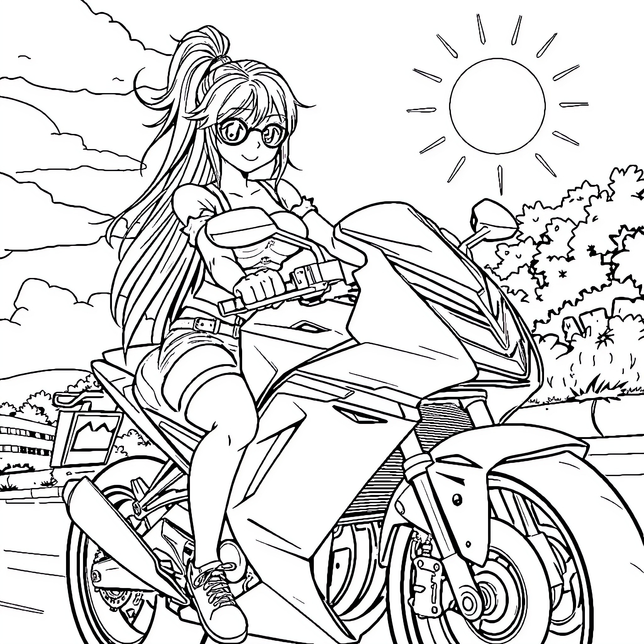 Anime Girl Riding Motorcycle on Scenic Road Coloring Page (free black-and-white line drawing printable PDF for all, from beginners to advanced learners, including children, teens, adults, and seniors)