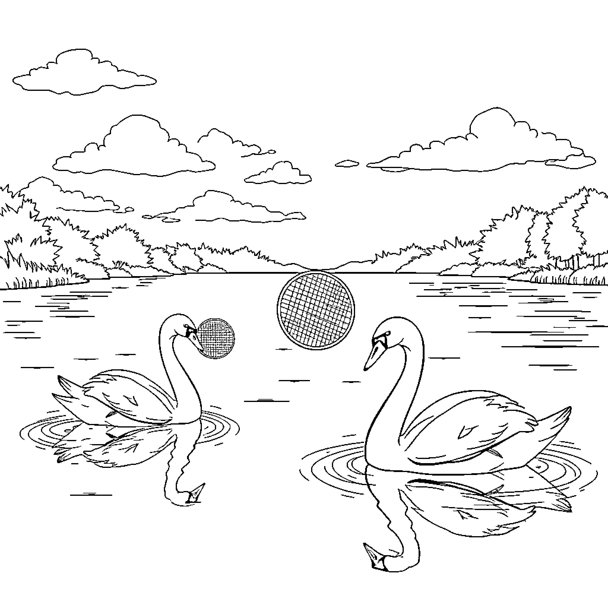 Swan pair swimming in a tranquil lake Coloring Page (free black-and-white line drawing printable PDF for all, from beginners to advanced learners, including children, teens, adults, and seniors)