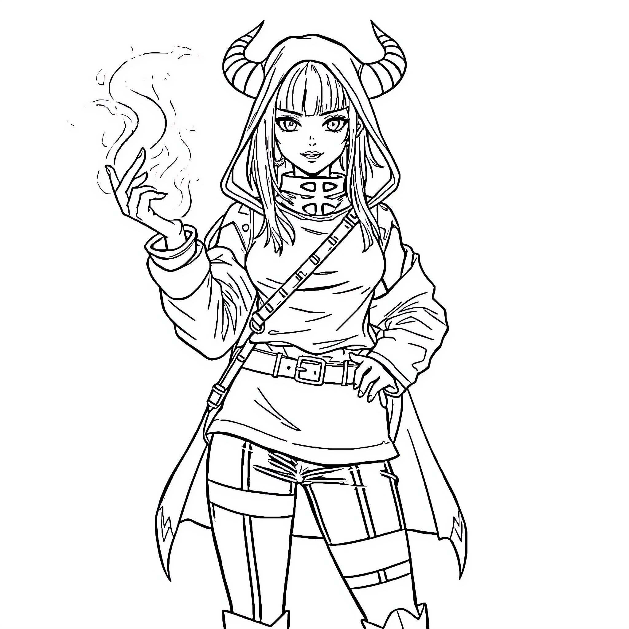 Rumi, the fearless warrior in battle gear Coloring Page (free black-and-white line drawing printable PDF for all, from beginners to advanced learners, including children, teens, adults, and seniors)