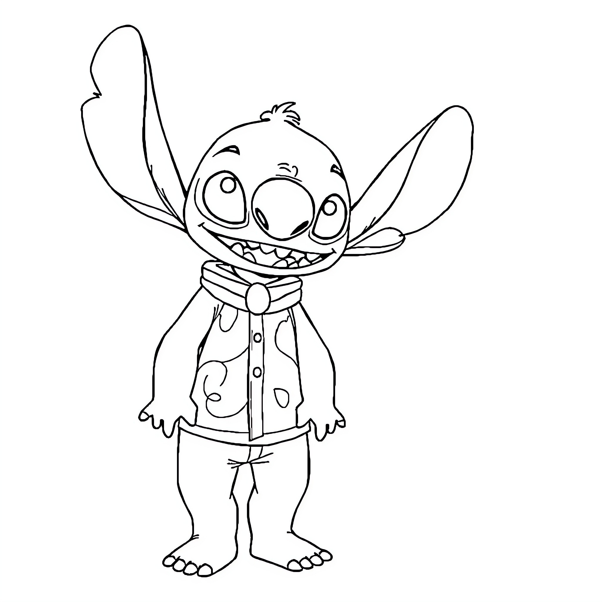 Stitch sitting with a happy expression Coloring Page (free black-and-white line drawing printable PDF for all, from beginners to advanced learners, including children, teens, adults, and seniors)