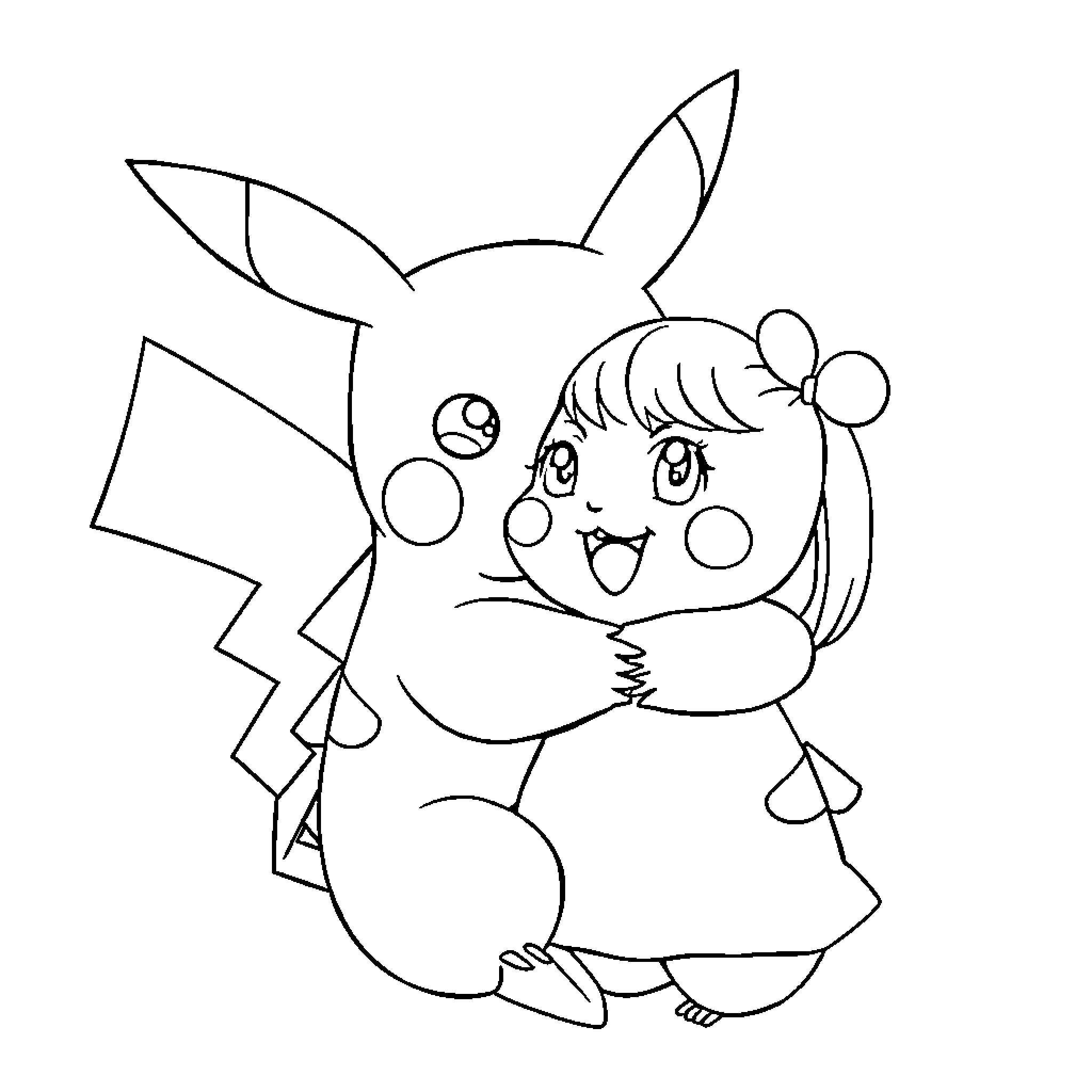 Pikachu and Cheerful Girl Embrace Coloring Page (free black-and-white line drawing printable PDF for all, from beginners to advanced learners, including children, teens, adults, and seniors)