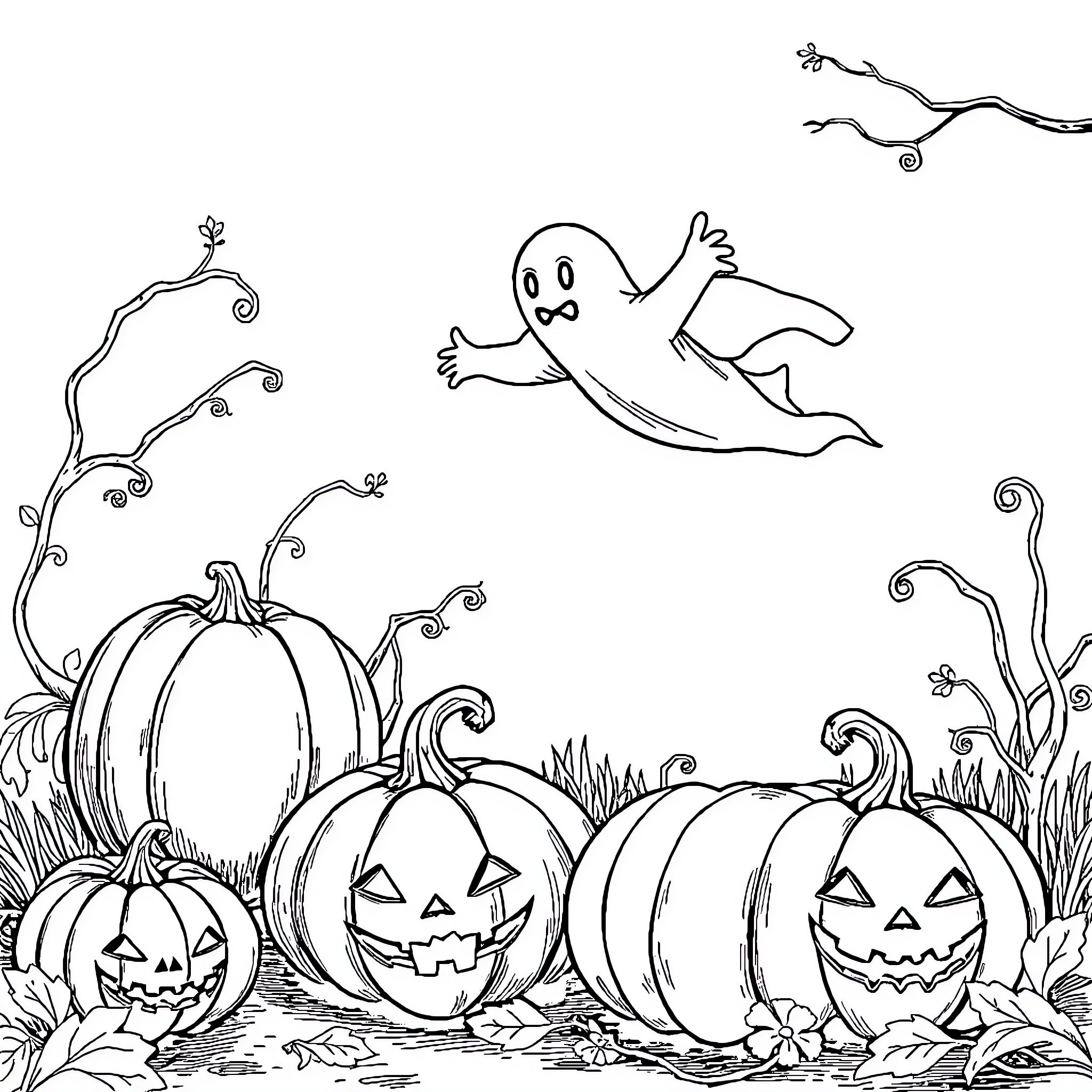 Pumpkins and a Playful Ghost in Autumn Coloring Page (free black-and-white line drawing printable PDF for all, from beginners to advanced learners, including children, teens, adults, and seniors)