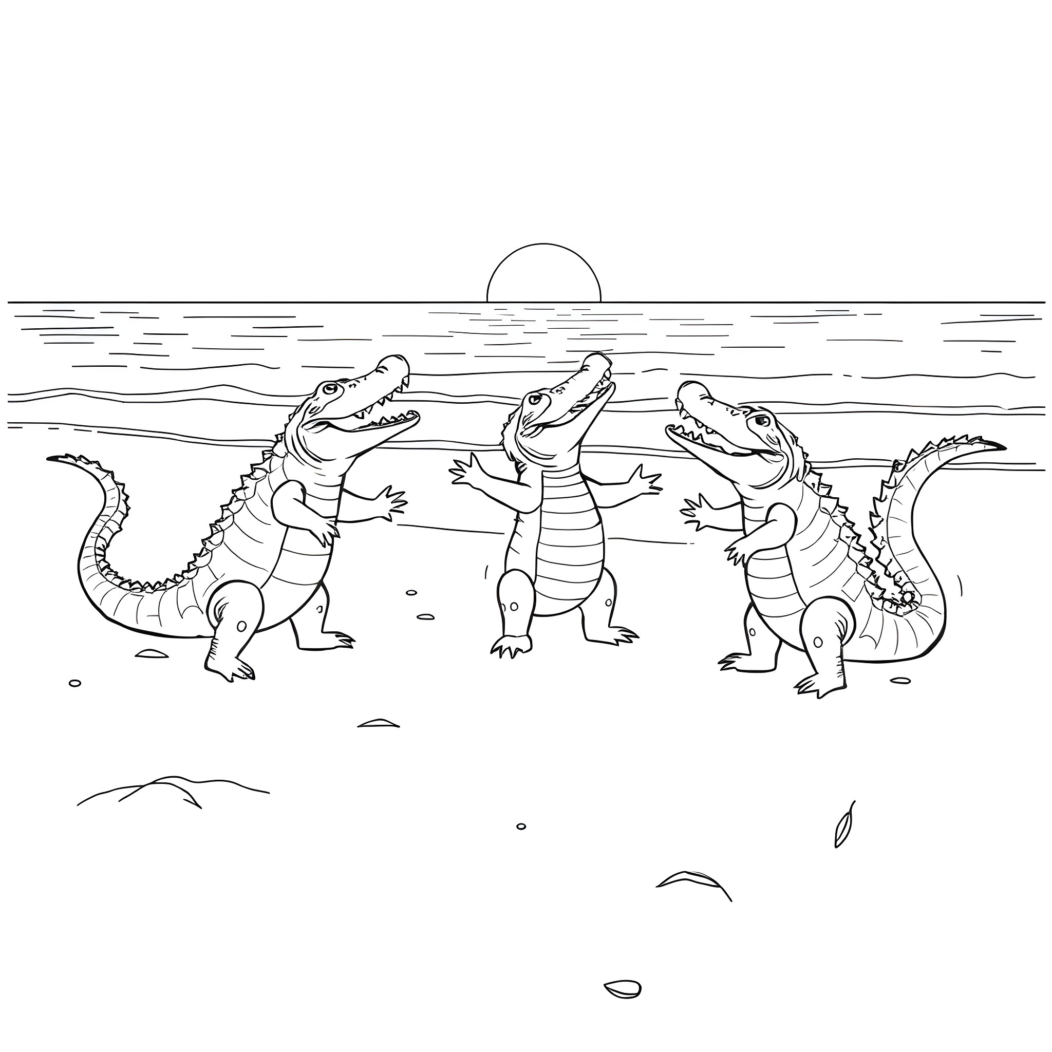 Alligators playing together in the sunset Coloring Page (free black-and-white line drawing printable PDF for all, from beginners to advanced learners, including children, teens, adults, and seniors)