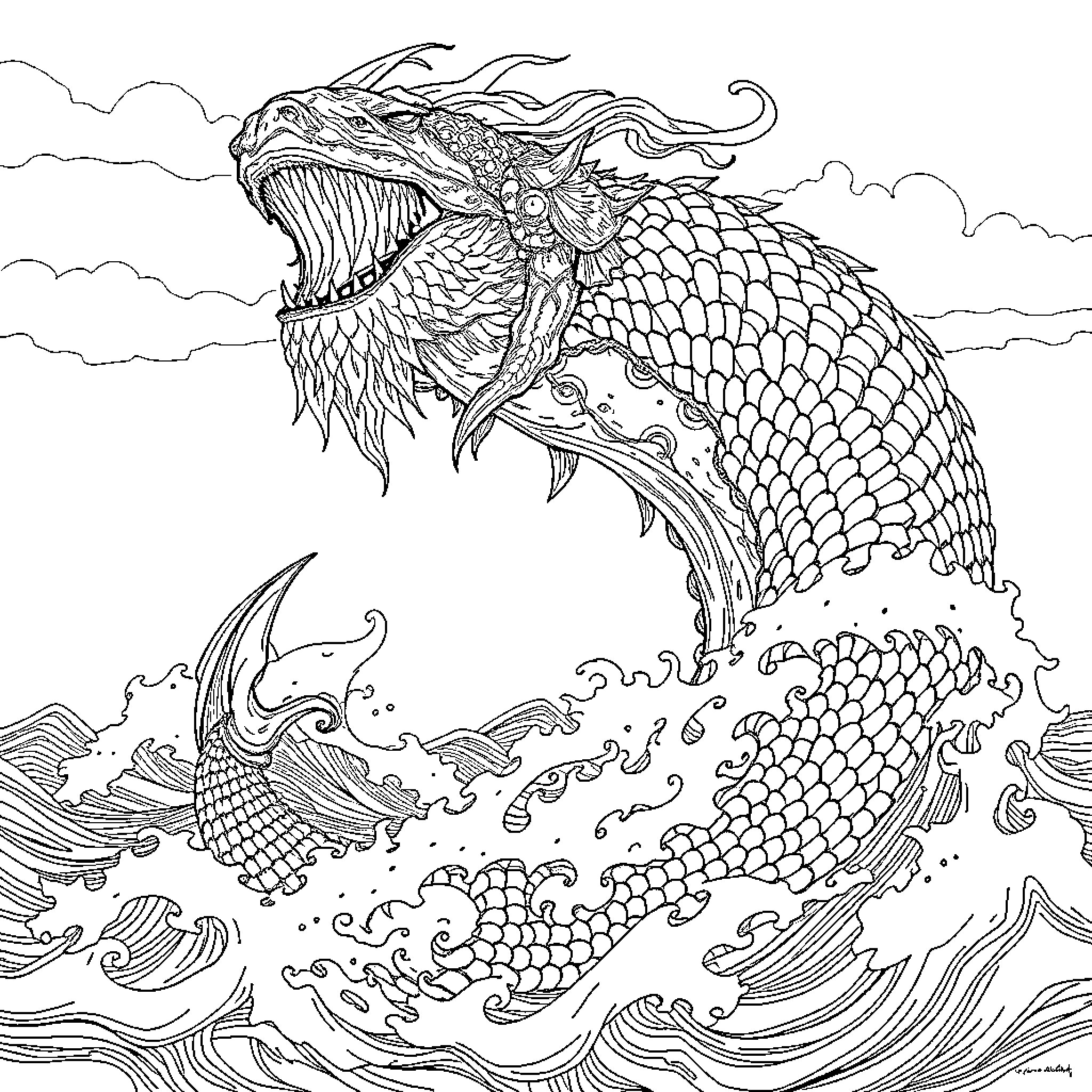 Leviathan Surging Through Turbulent Waves Coloring Page (free black-and-white line drawing printable PDF for all, from beginners to advanced learners, including children, teens, adults, and seniors)