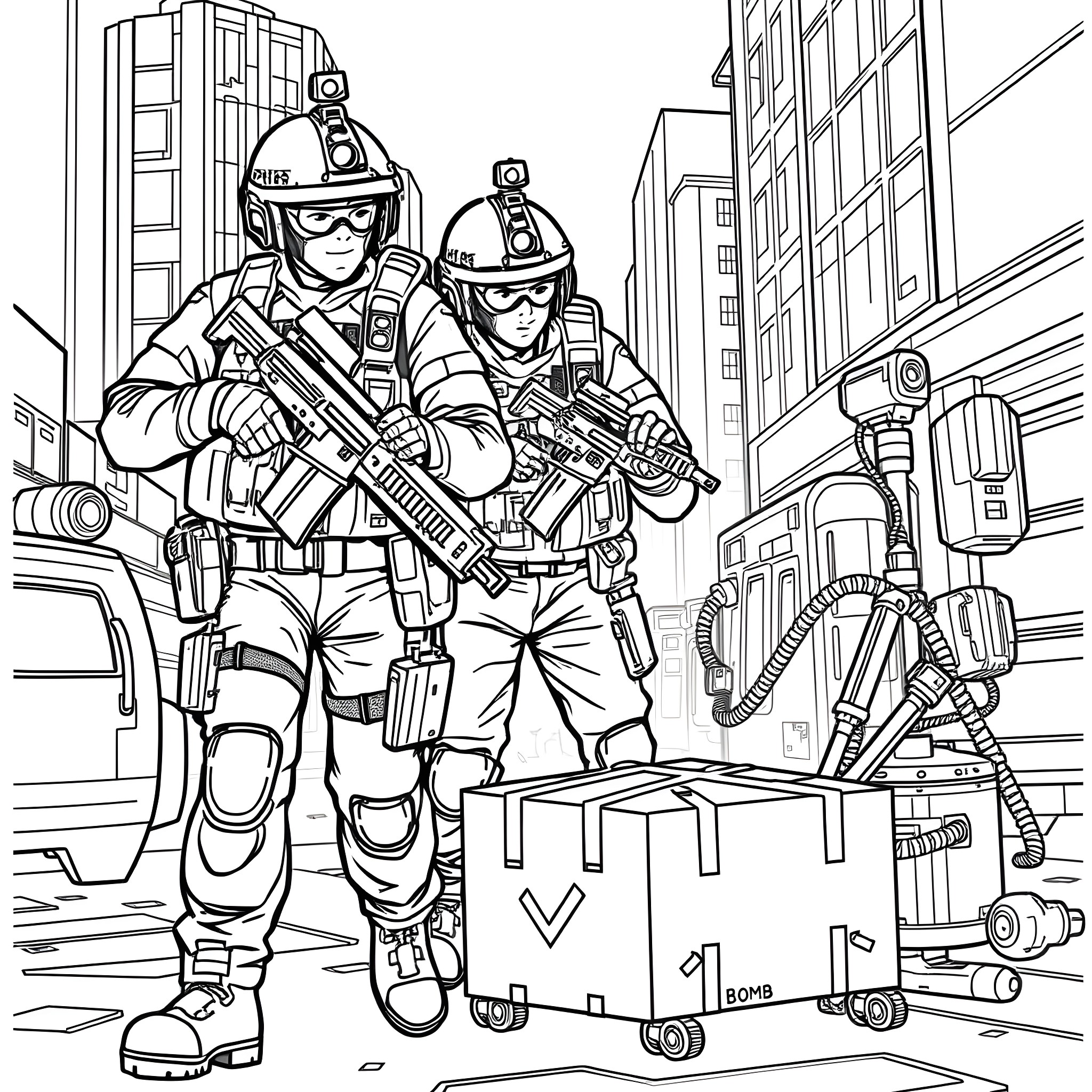 Police Officers in Tactical Gear Responding to Incident Coloring Page (free black-and-white line drawing printable PDF for all, from beginners to advanced learners, including children, teens, adults, and seniors)