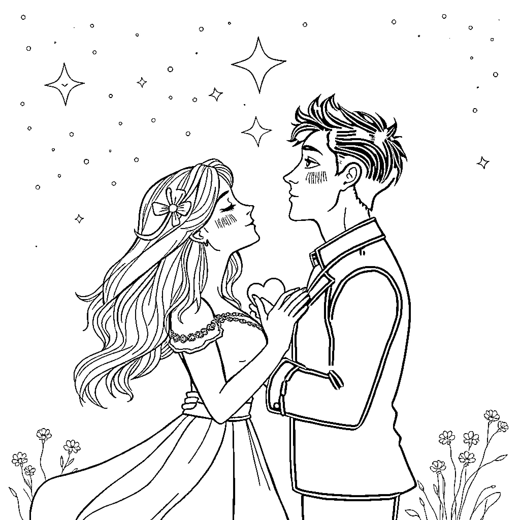 Aquarius couple embracing under the starry night Coloring Page (free black-and-white line drawing printable PDF for all, from beginners to advanced learners, including children, teens, adults, and seniors)