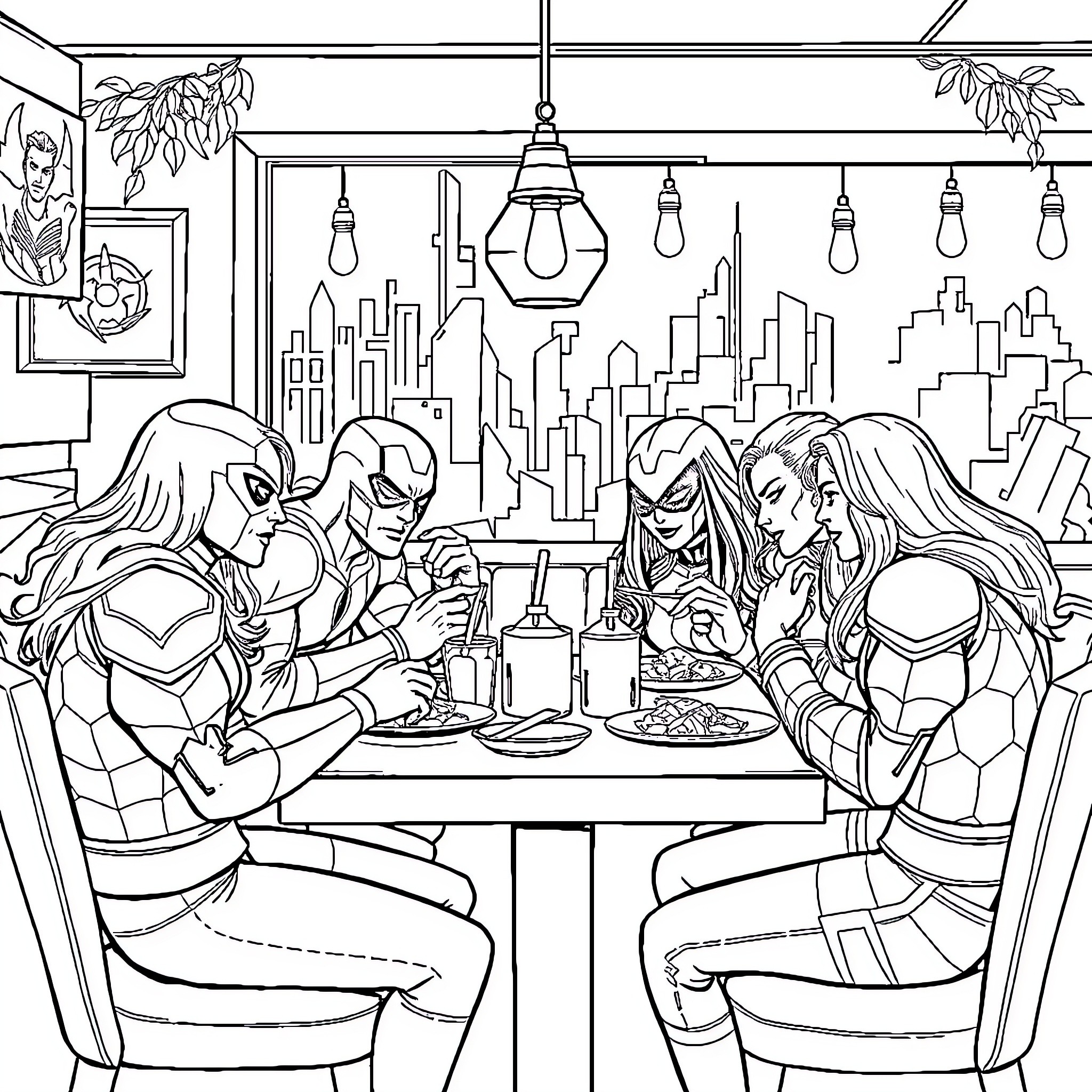 Marvel Superheroes Enjoying a Meal at the City Diner Coloring Page (free black-and-white line drawing printable PDF for all, from beginners to advanced learners, including children, teens, adults, and seniors)