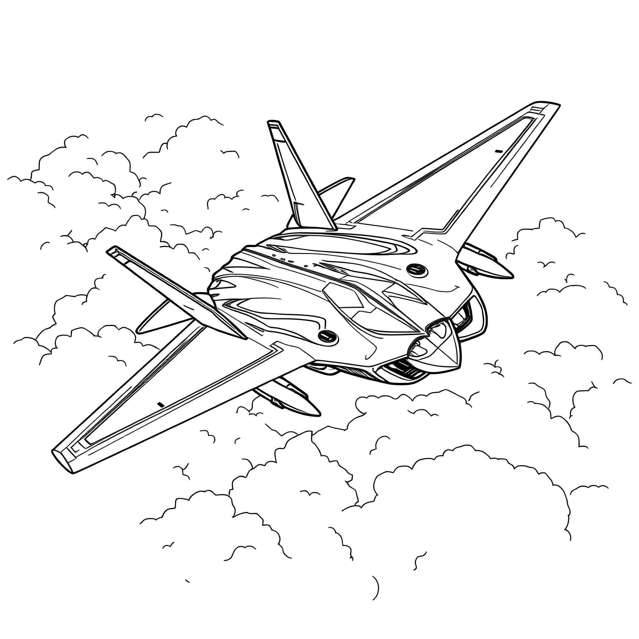 F22 Raptor Soaring Through Clouds Coloring Page (free black-and-white line drawing printable PDF for all, from beginners to advanced learners, including children, teens, adults, and seniors)