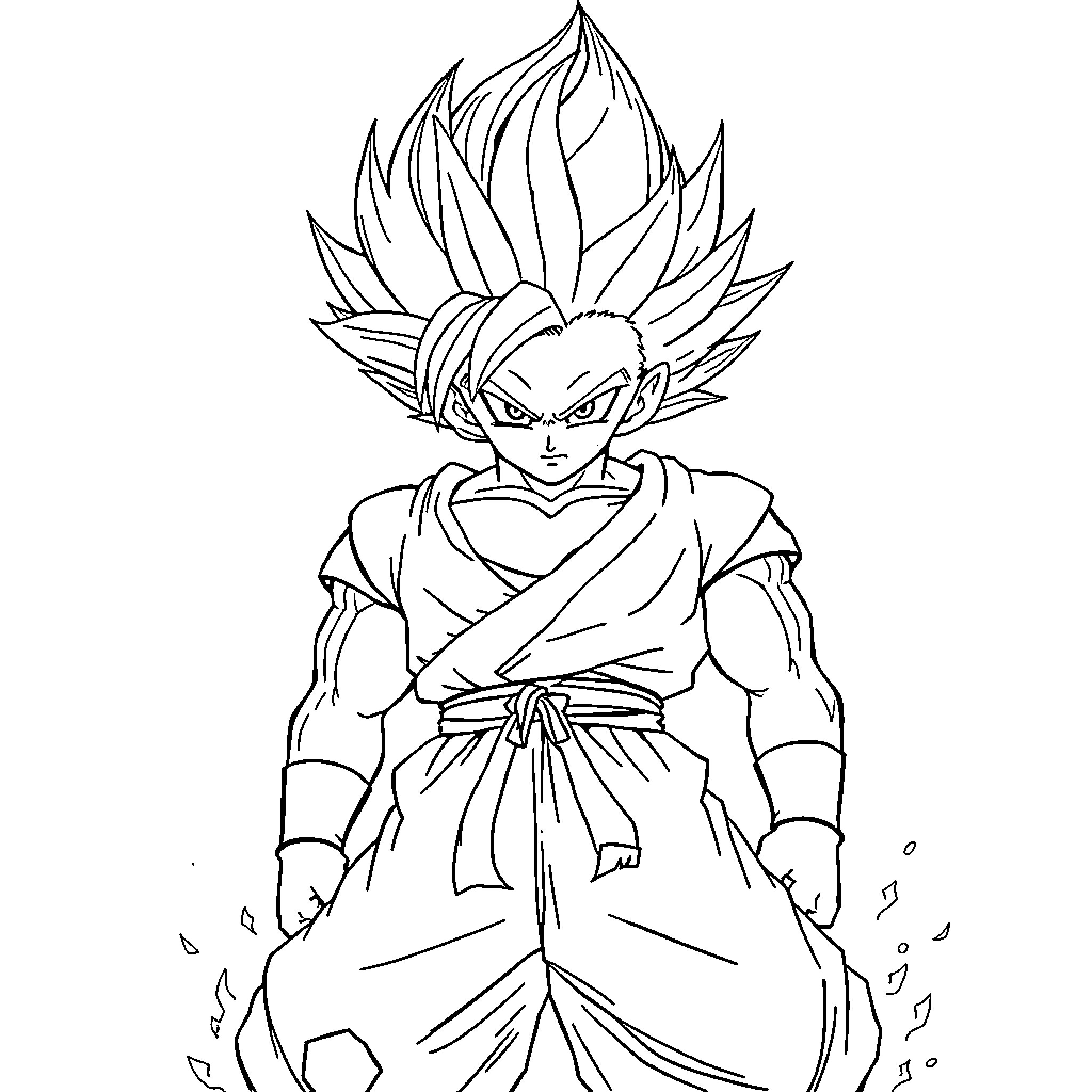 Sangoku's Fierce Warrior Stance Coloring Page (free black-and-white line drawing printable PDF for all, from beginners to advanced learners, including children, teens, adults, and seniors)