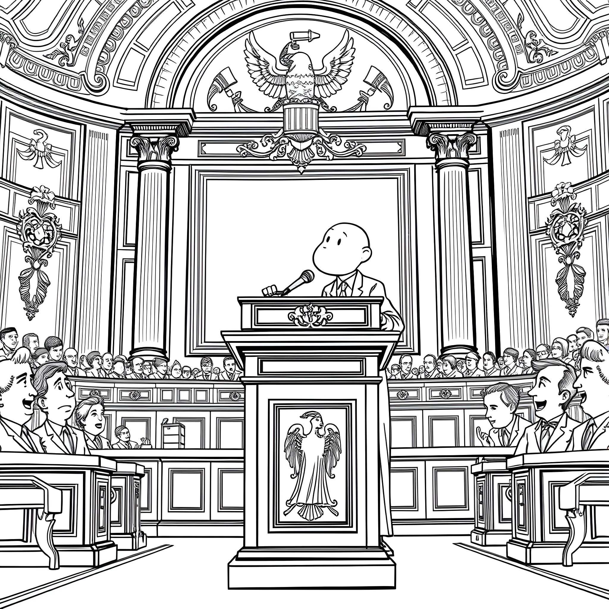 Bluey standing at podium in grand courtroom Coloring Page (free black-and-white line drawing printable PDF for all, from beginners to advanced learners, including children, teens, adults, and seniors)