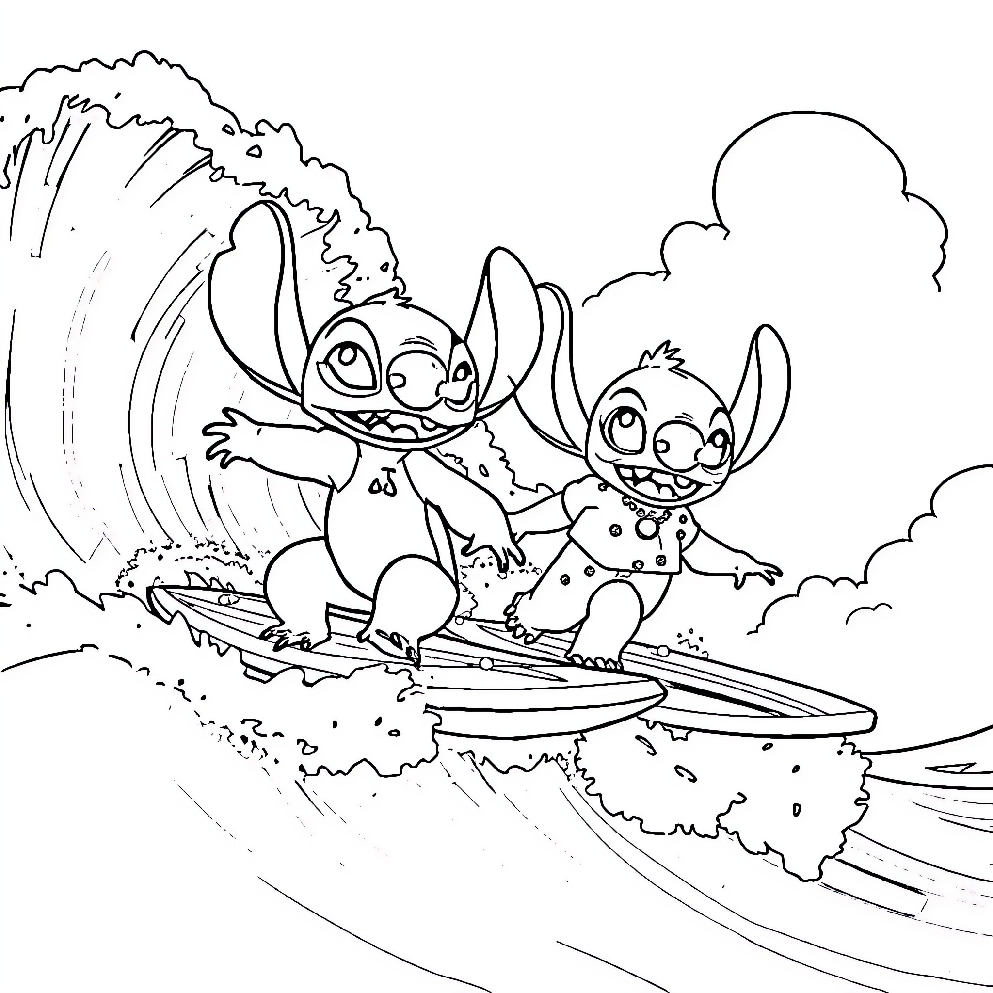 Lilo and Stitch riding a surfboard Coloring Page (free black-and-white line drawing printable PDF for all, from beginners to advanced learners, including children, teens, adults, and seniors)